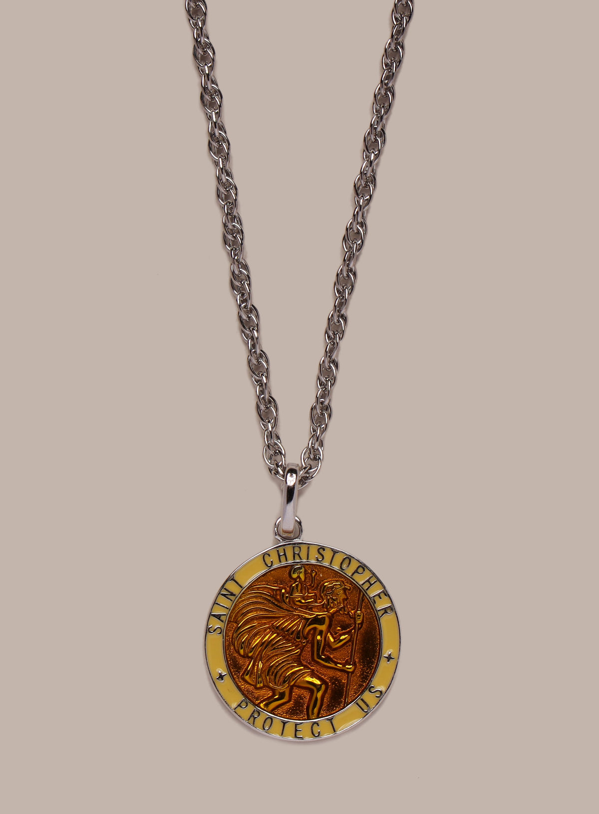 925 Sterling Silver Yellow/Saffron Enamel St Christopher Pendant Necklace