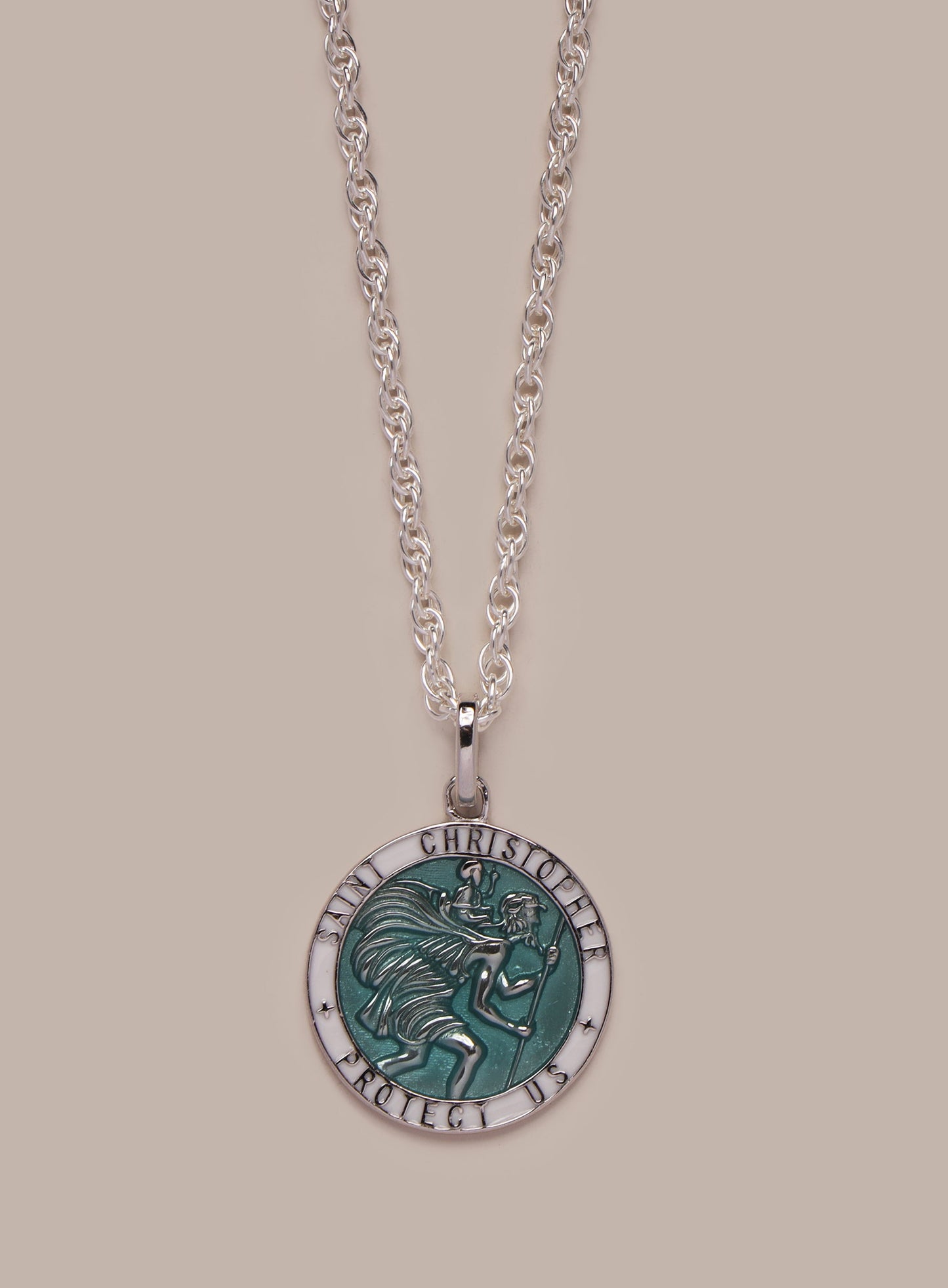 925 Sterling Silver Light Blue Enamel Saint Christopher Pendant Necklace