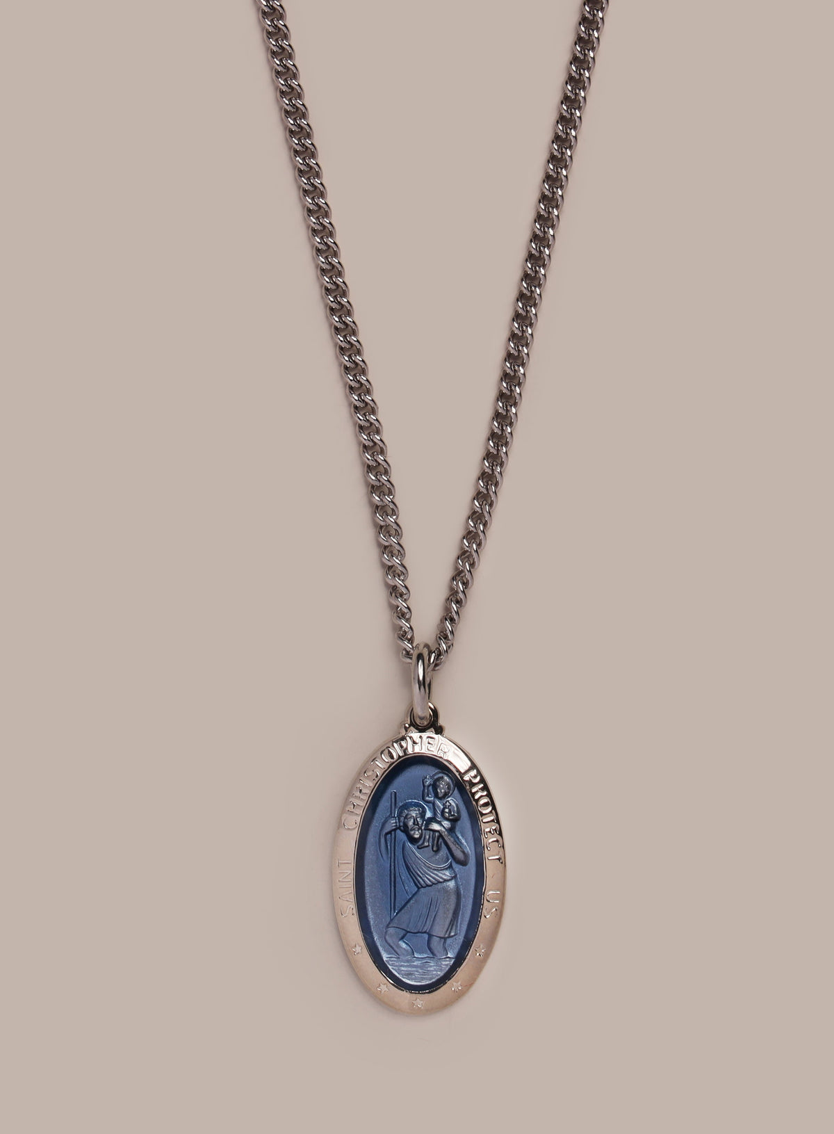 Saint Christopher Pendant with Blue Enamel on Sterling Silver Rhodium Chain