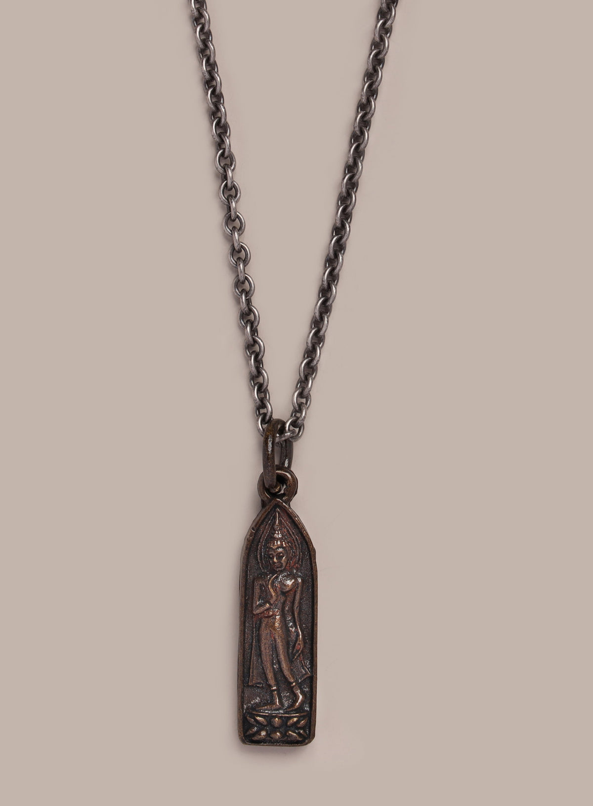 Bronze Walking Buddha Pendant Oxidized Sterling Rolo Chain Necklace