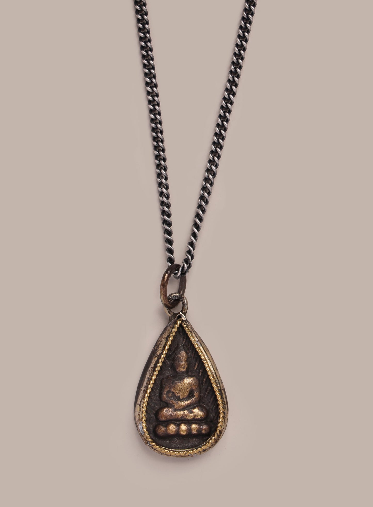 Oxidized Silver Drop Buddha Pendant Curb Chain Necklace for Men