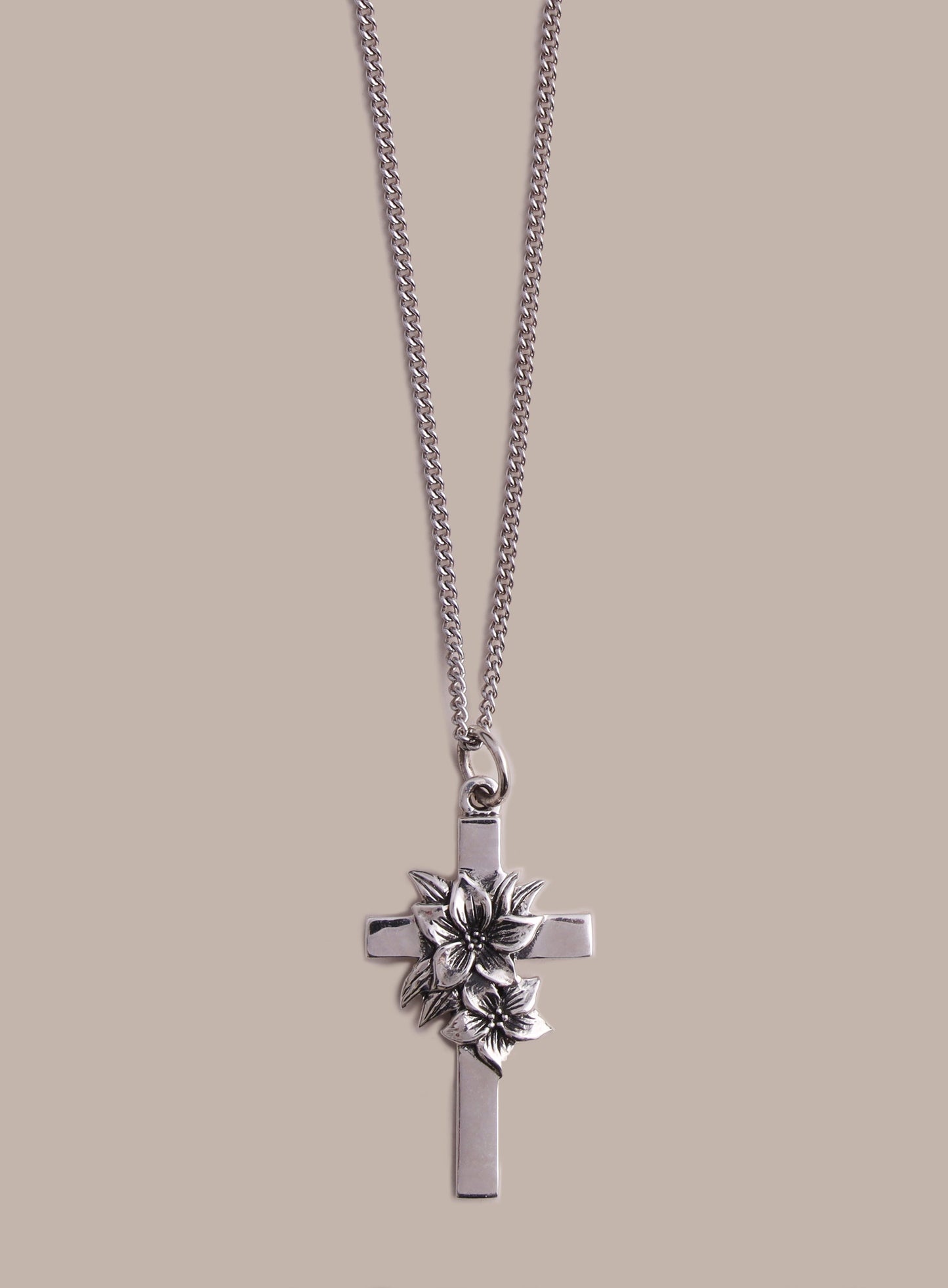 Sterling Silver Small Cross with Flowers Pendant Necklace for Men