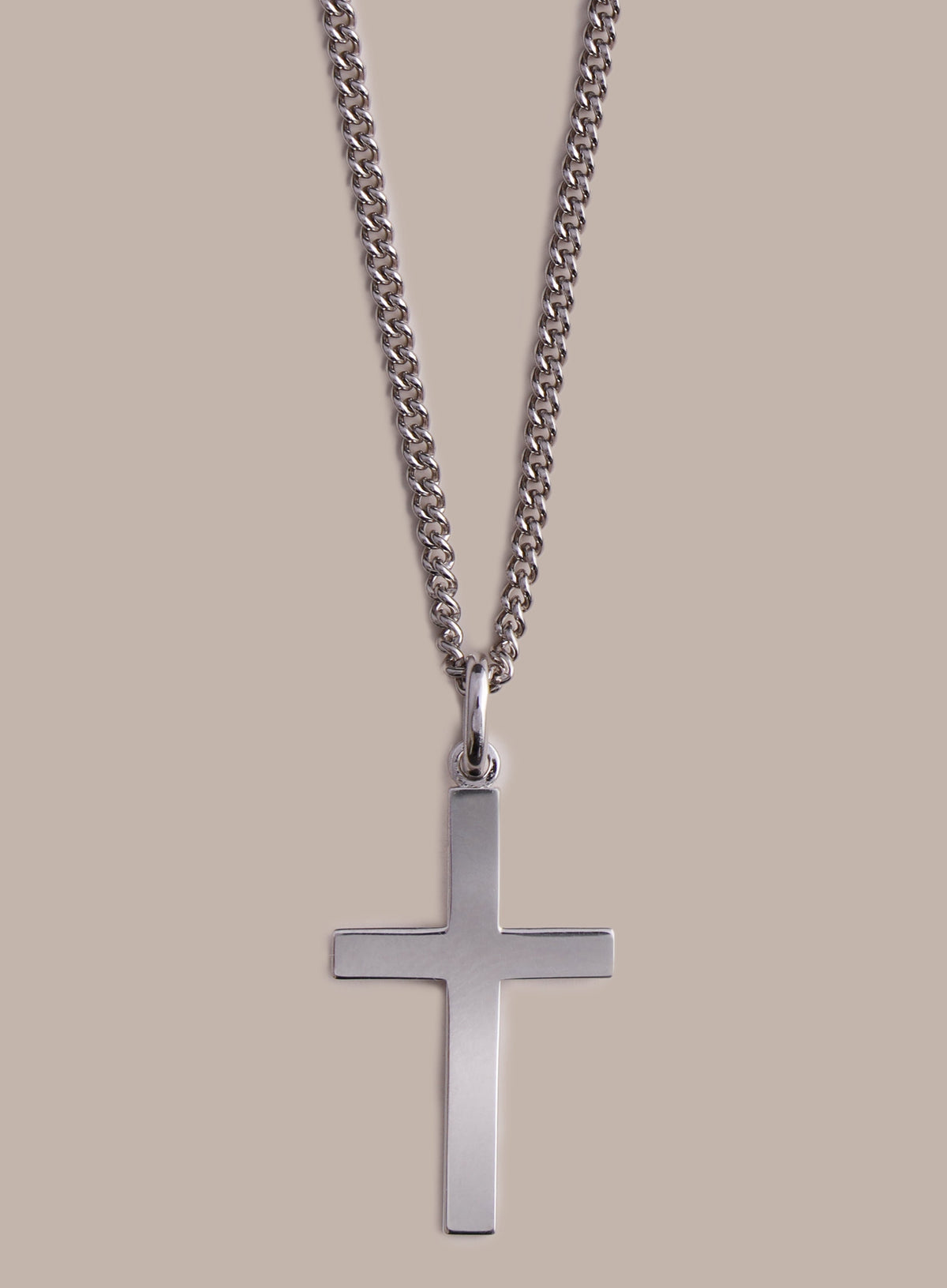 Large 925 Sterling Silver Cross on Sterling Rhodium Coated Curb Chain