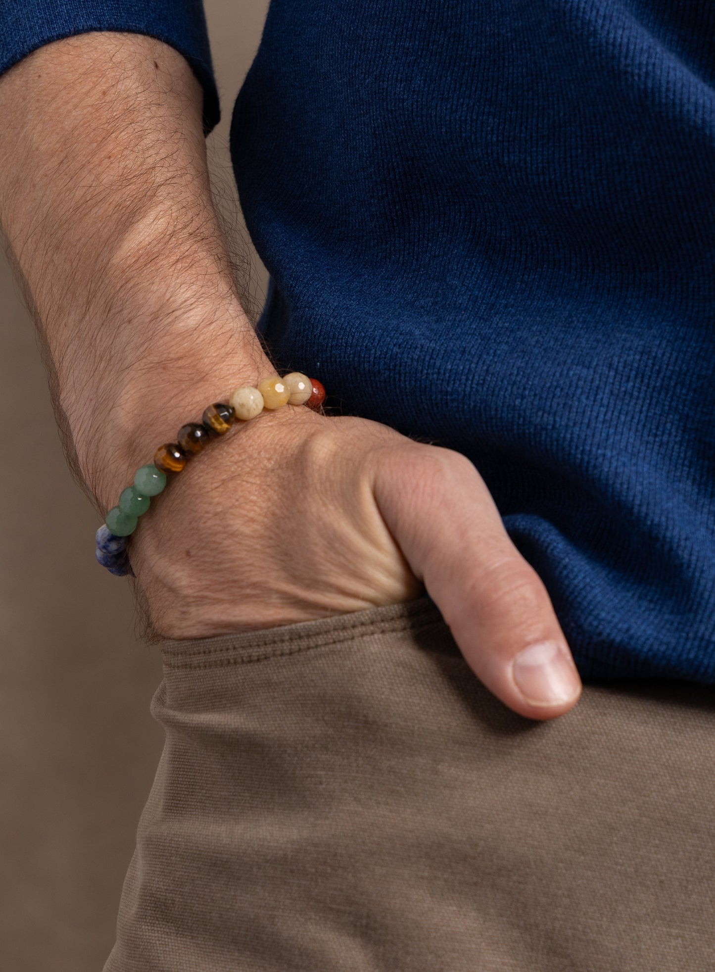 Genuine Multi-Gemstone "Chakra" Sterling Silver Men's Bead Bracelet