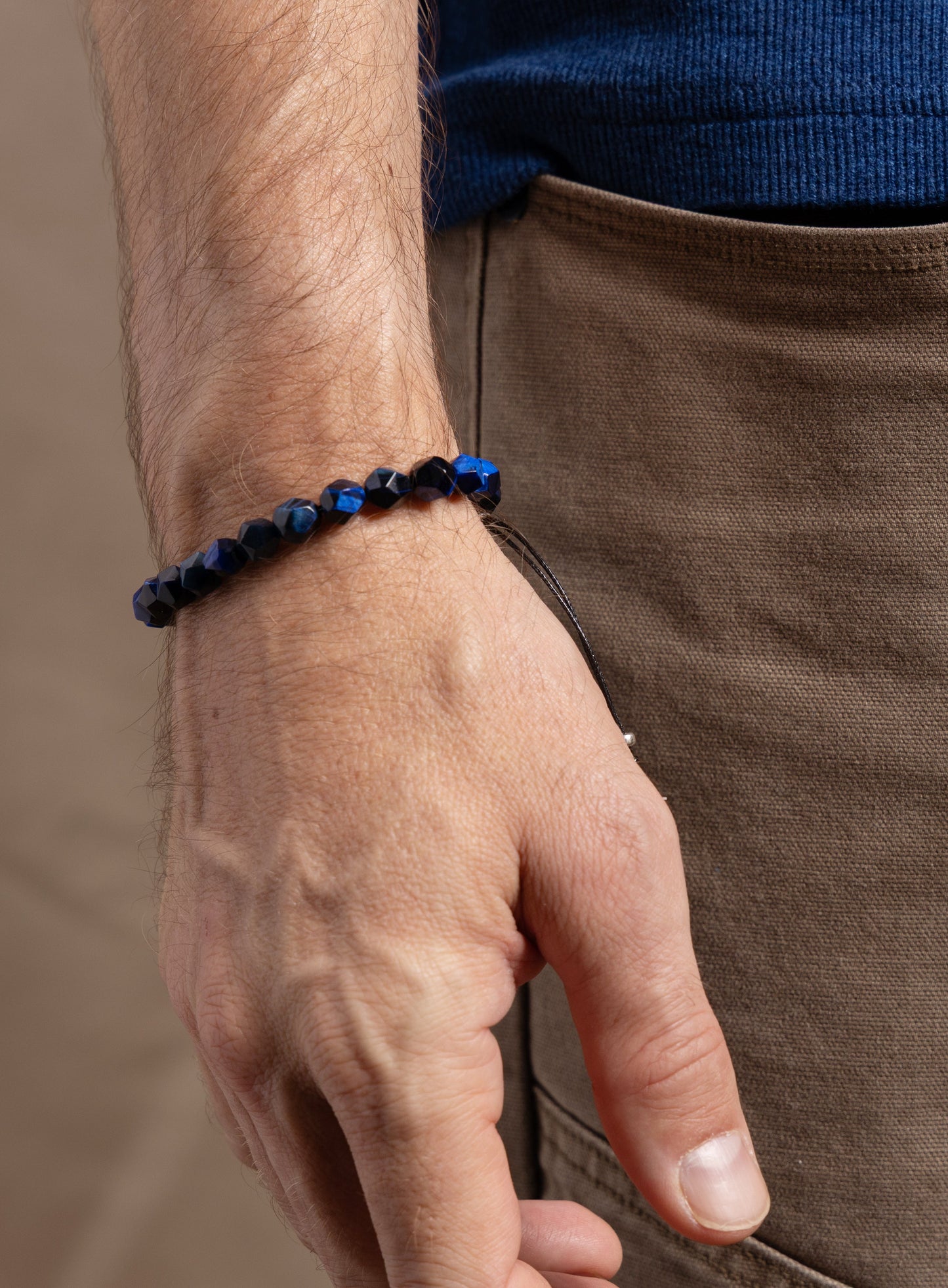 Blue Tiger Eye and Sterling Silver Bracelet for Men