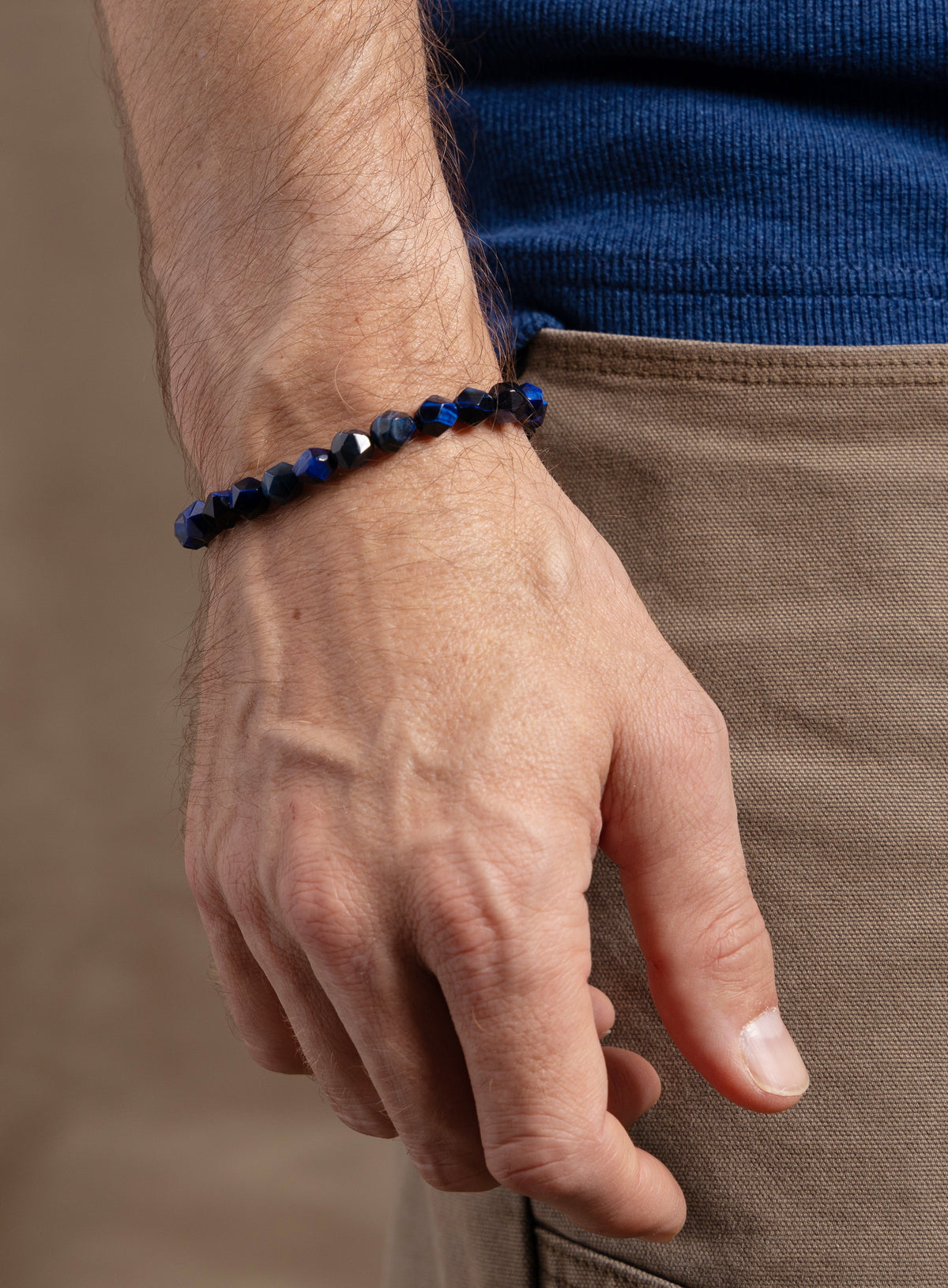 Blue Tiger Eye and Sterling Silver Bracelet for Men