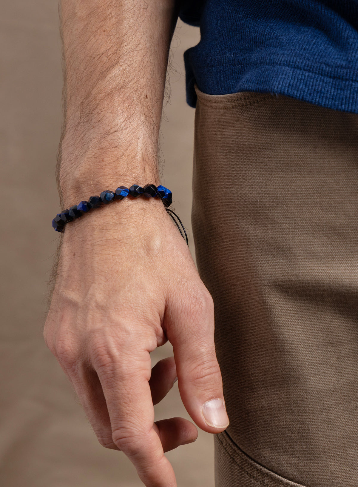 Blue Tiger Eye and Sterling Silver Bracelet for Men