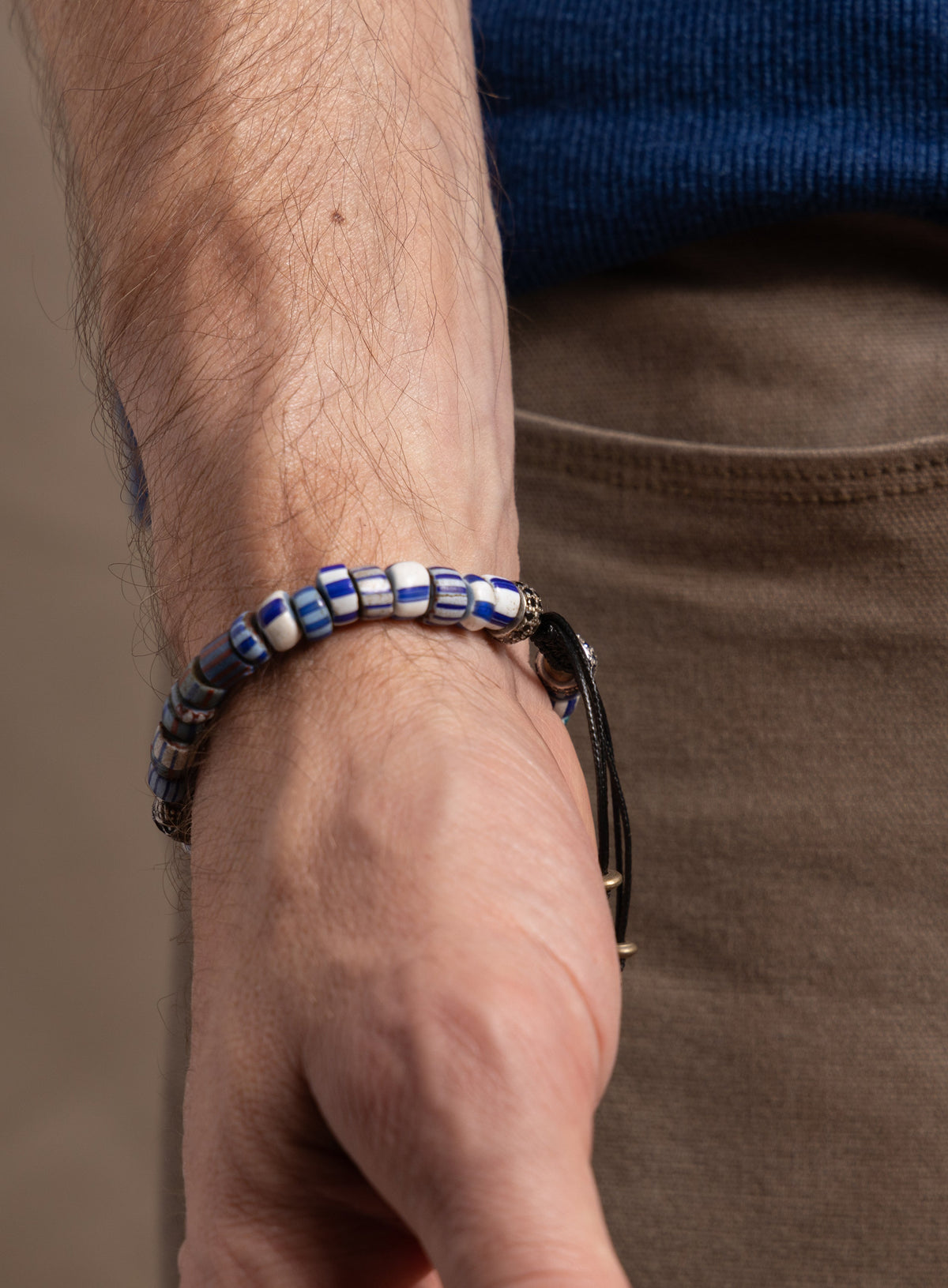 One-of-a-kind Skull Diamond + African Blue Chevron Bead Bracelet
