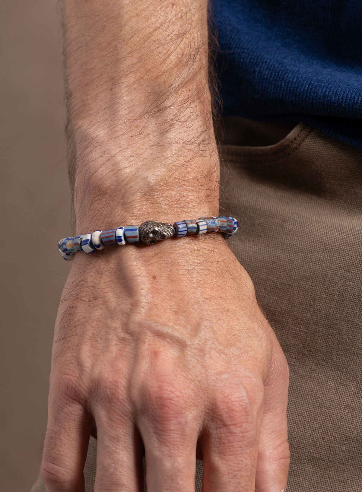 One-of-a-kind Skull Diamond + African Blue Chevron Bead Bracelet