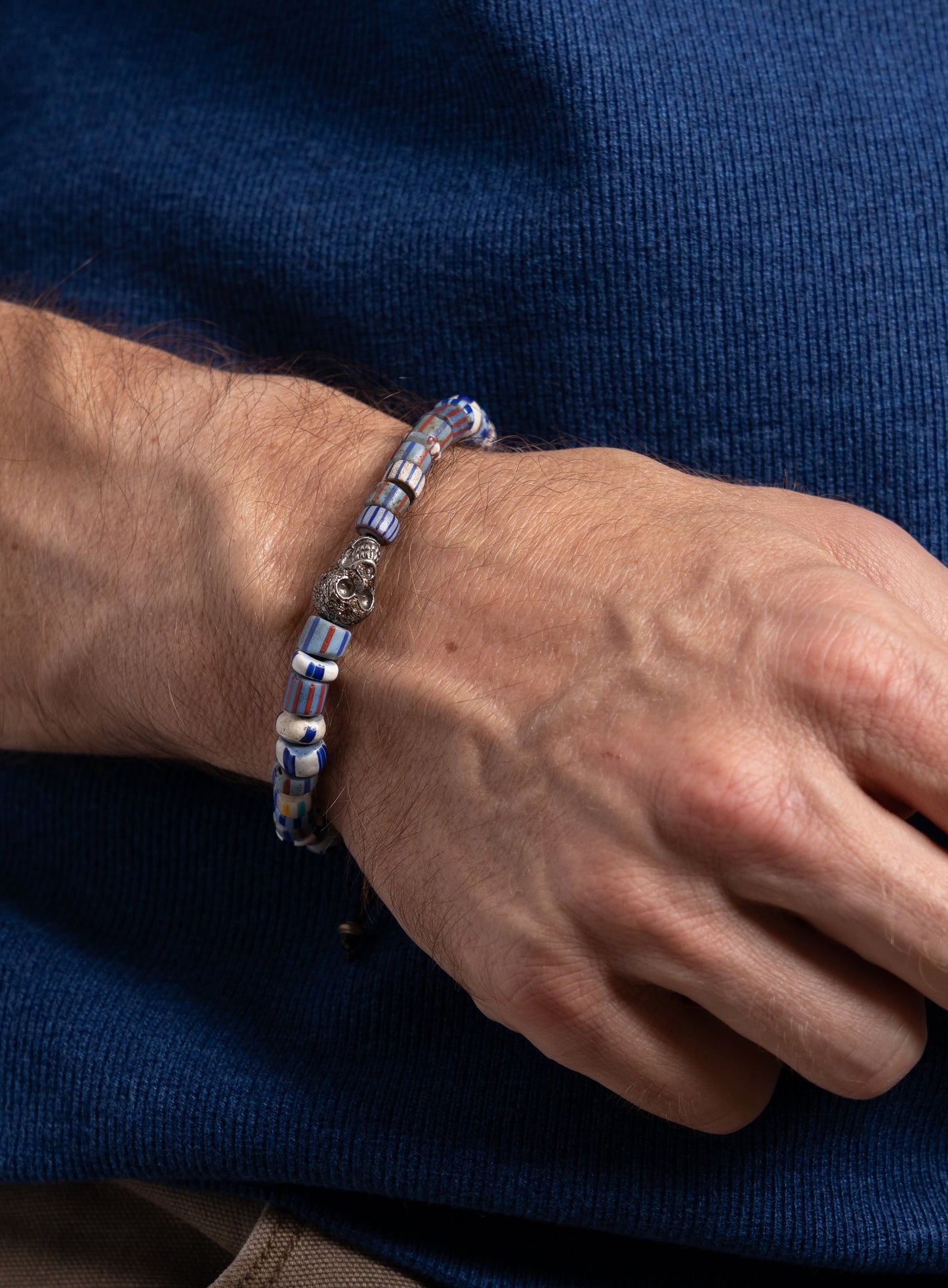 One-of-a-kind Skull Diamond + African Blue Chevron Bead Bracelet