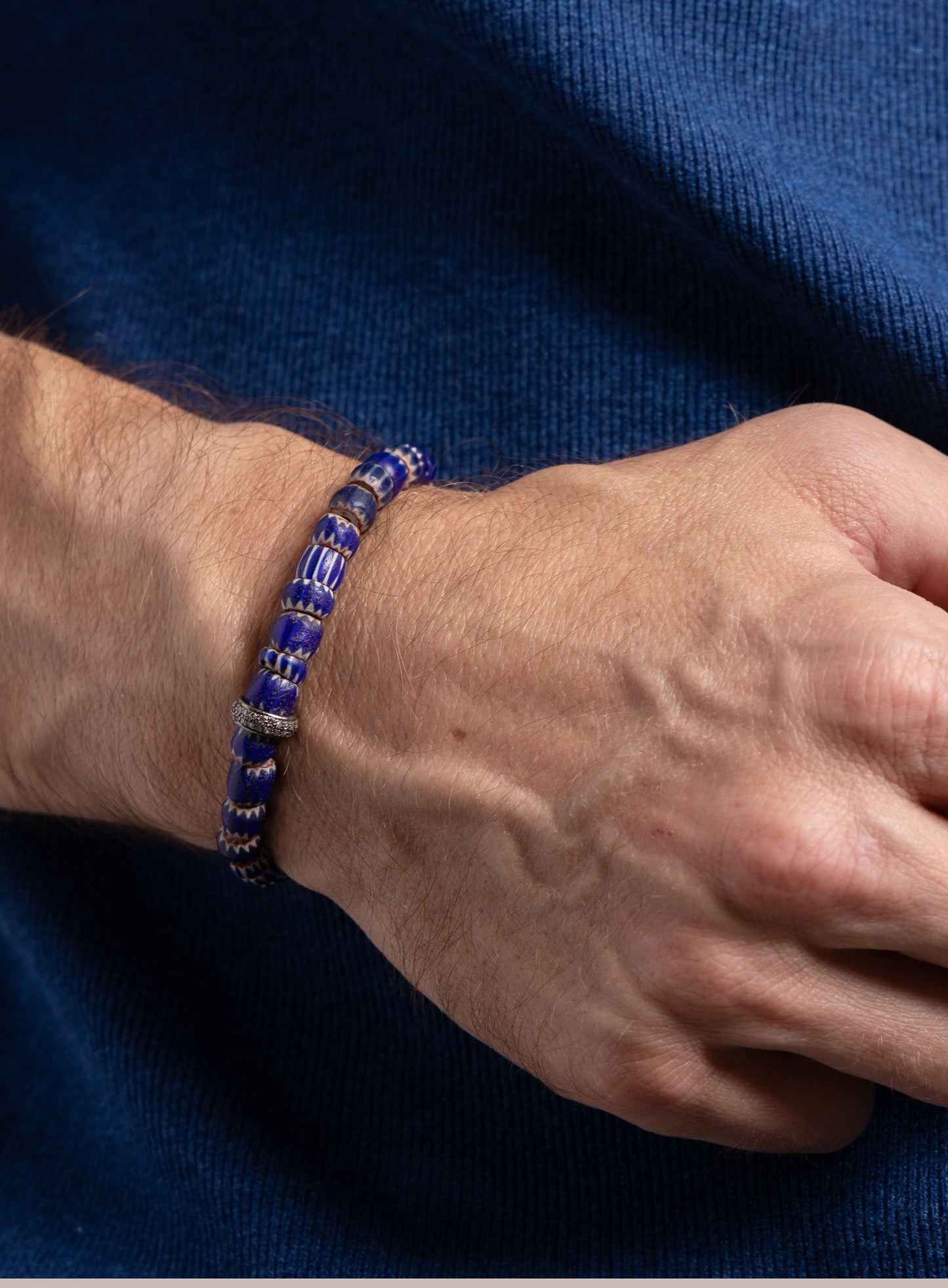 One-of-a-kind Diamond + African Blue Chevron Bead Bracelet