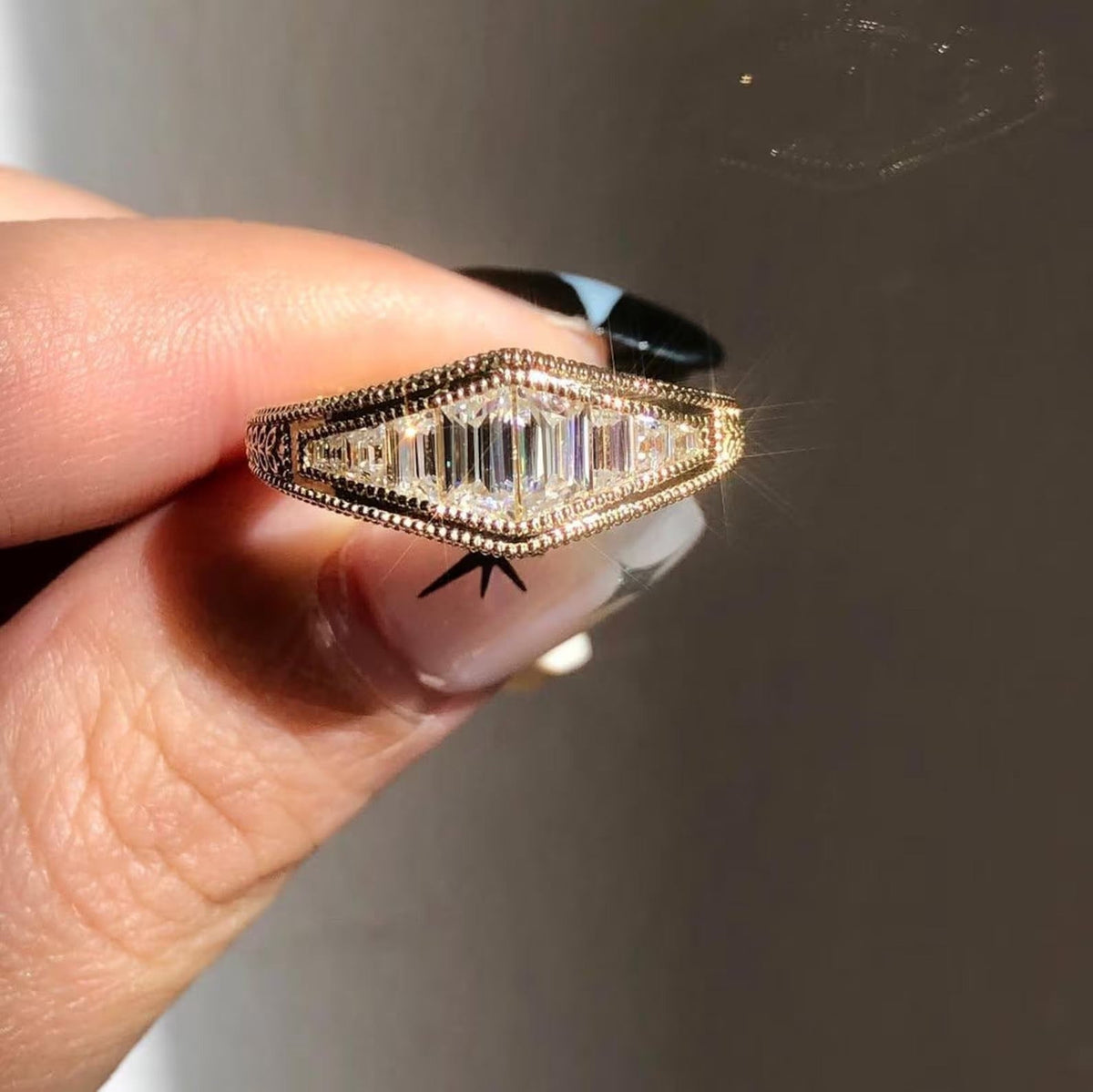 Solid Gold Baguette Moissanite Ring Set | Irregular Cut Art Deco Engagement & Leaf Promise Wedding Band