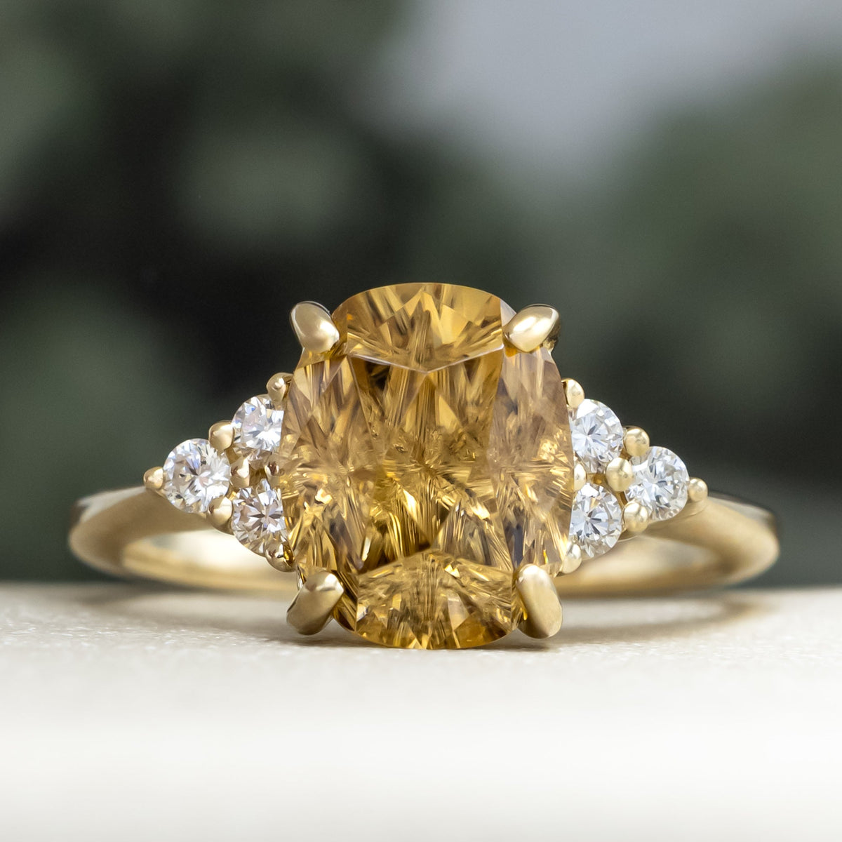 One-Of-A-Kind - "Honey" - Oval Four Direction Cut Zircon Engagement Ring With Diamond Accents