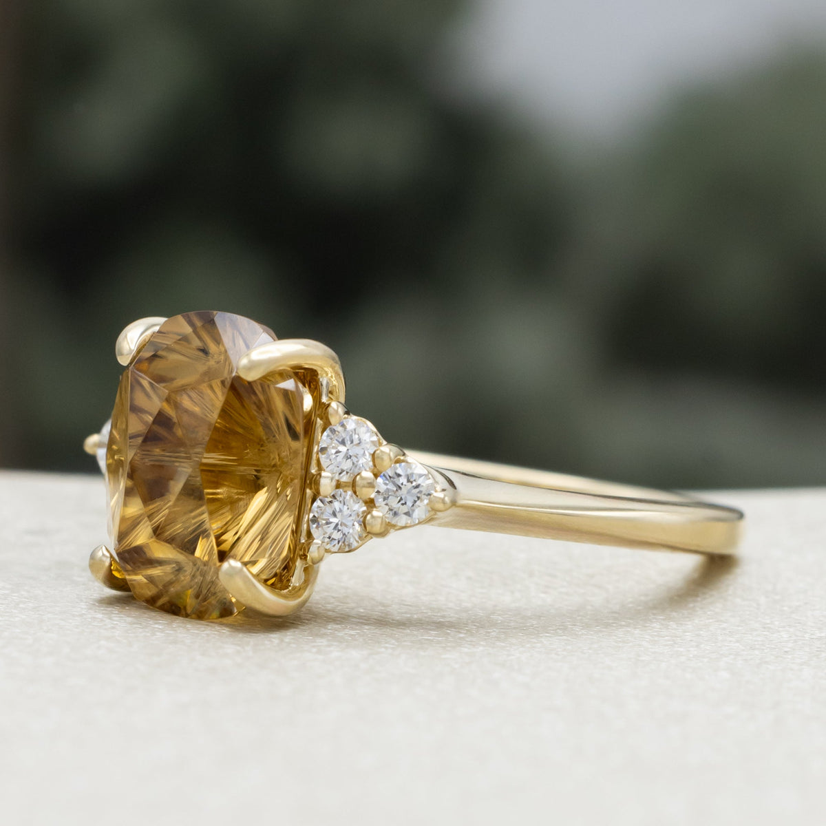 One-Of-A-Kind - "Honey" - Oval Four Direction Cut Zircon Engagement Ring With Diamond Accents