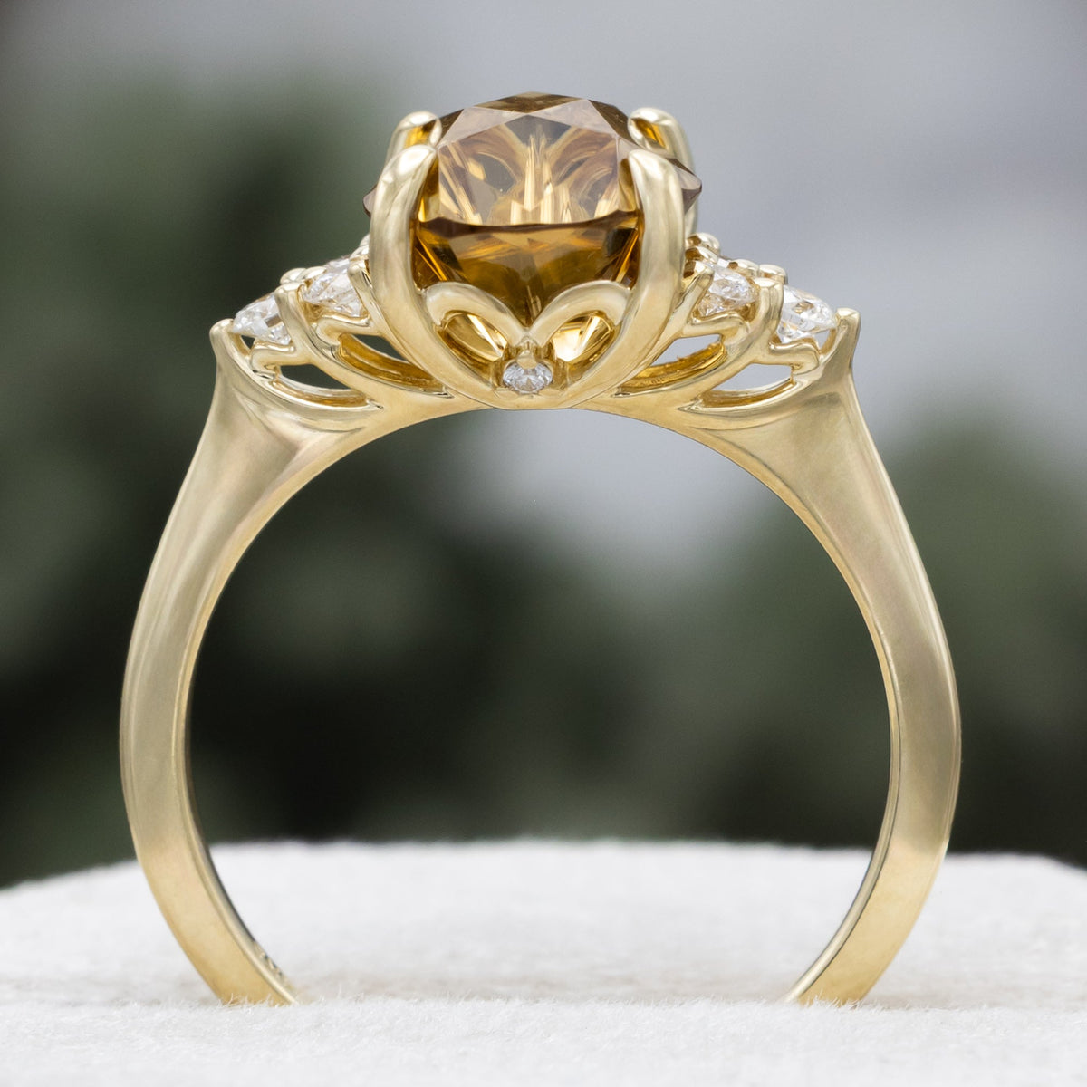 One-Of-A-Kind - "Honey" - Oval Four Direction Cut Zircon Engagement Ring With Diamond Accents
