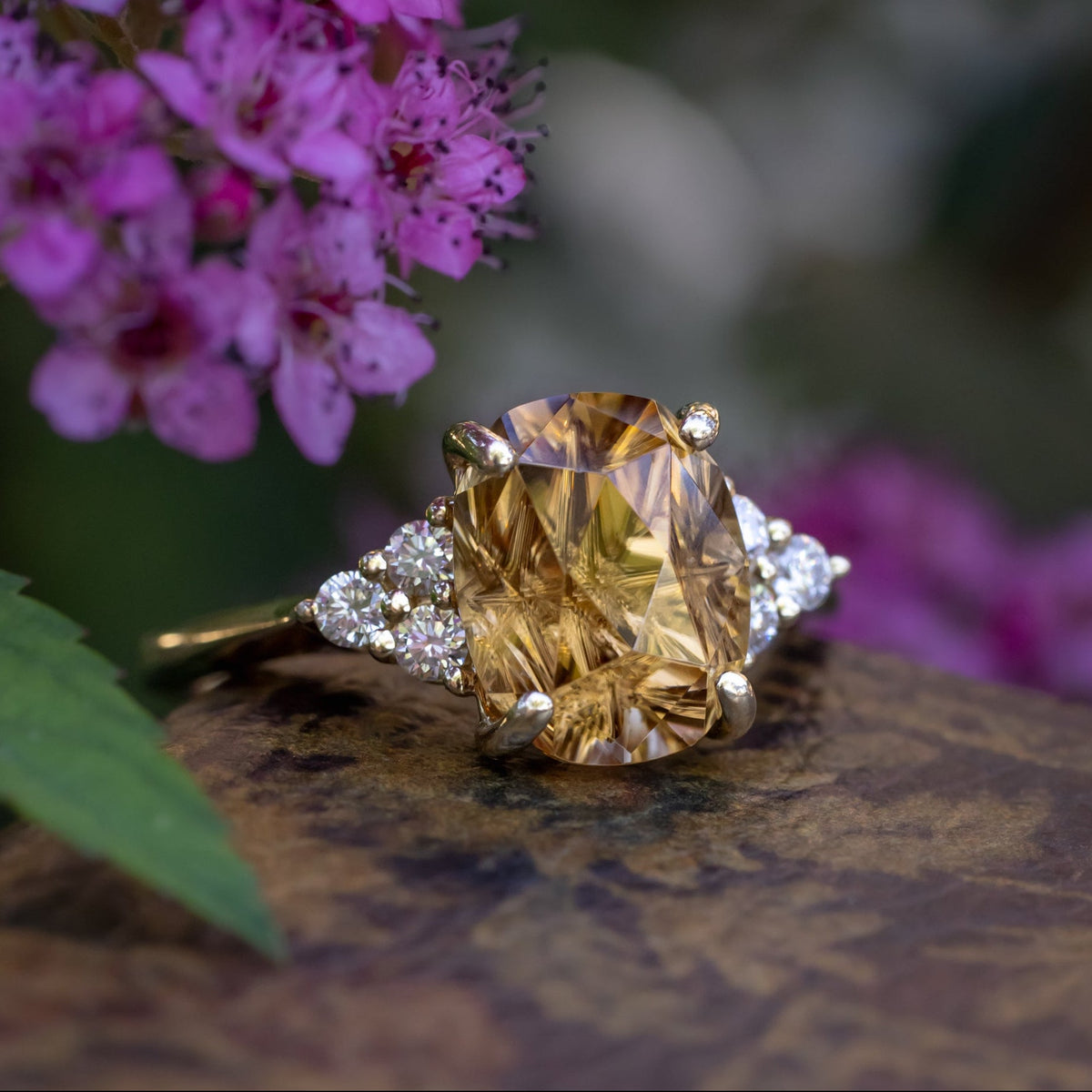 One-Of-A-Kind - "Honey" - Oval Four Direction Cut Zircon Engagement Ring With Diamond Accents