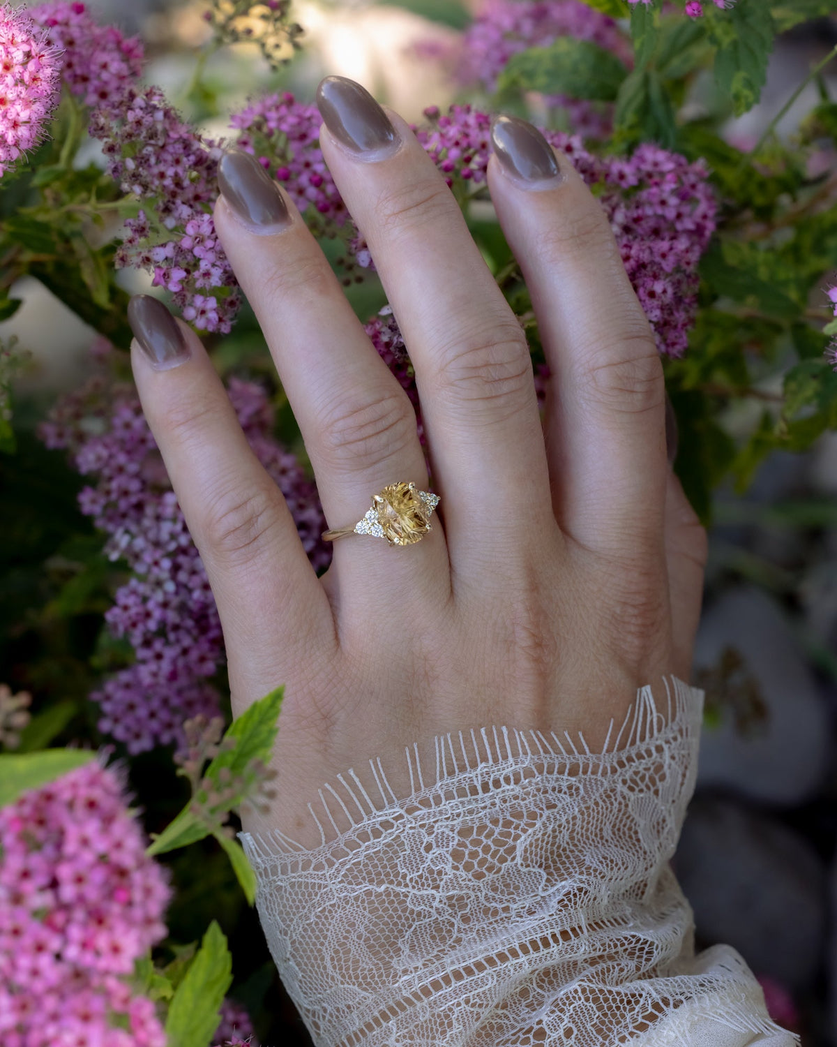 One-Of-A-Kind - "Honey" - Oval Four Direction Cut Zircon Engagement Ring With Diamond Accents