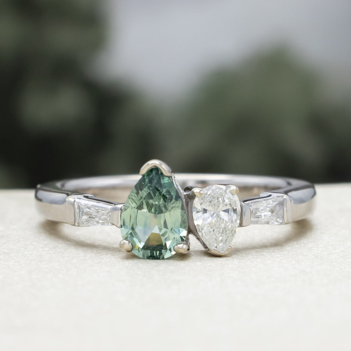 One-Of-A-Kind - "Juliette" - Toi Et Moi Pear Cut Natural Montana Sapphire Engagement Ring With Diamond Accents