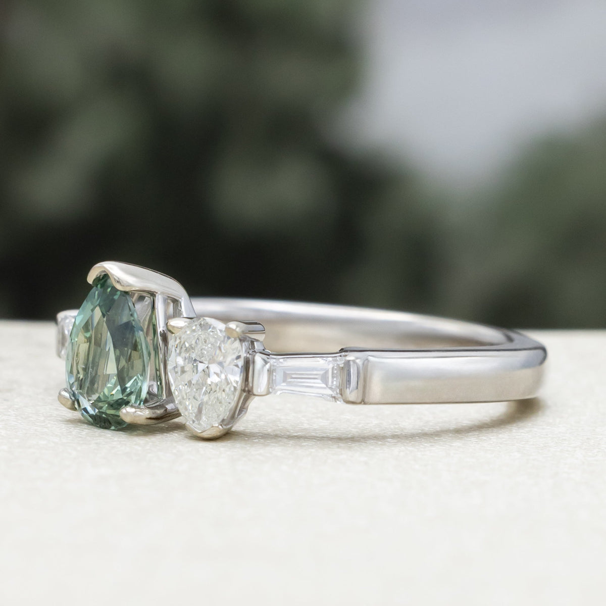 One-Of-A-Kind - "Juliette" - Toi Et Moi Pear Cut Natural Montana Sapphire Engagement Ring With Diamond Accents
