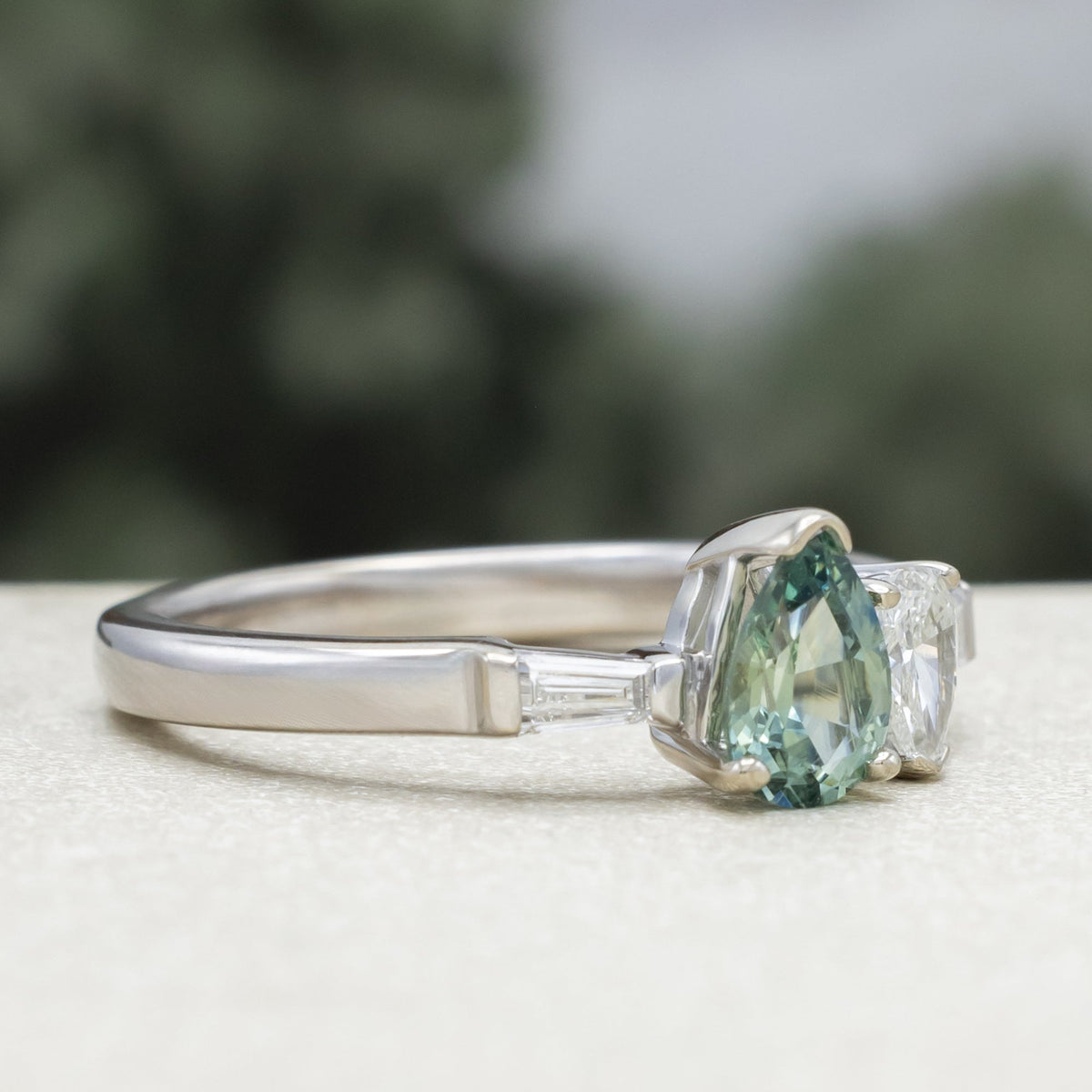 One-Of-A-Kind - "Juliette" - Toi Et Moi Pear Cut Natural Montana Sapphire Engagement Ring With Diamond Accents