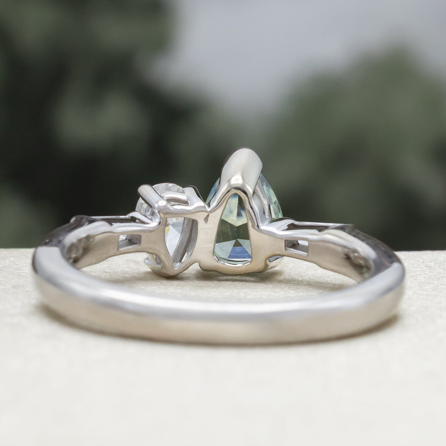 One-Of-A-Kind - "Juliette" - Toi Et Moi Pear Cut Natural Montana Sapphire Engagement Ring With Diamond Accents