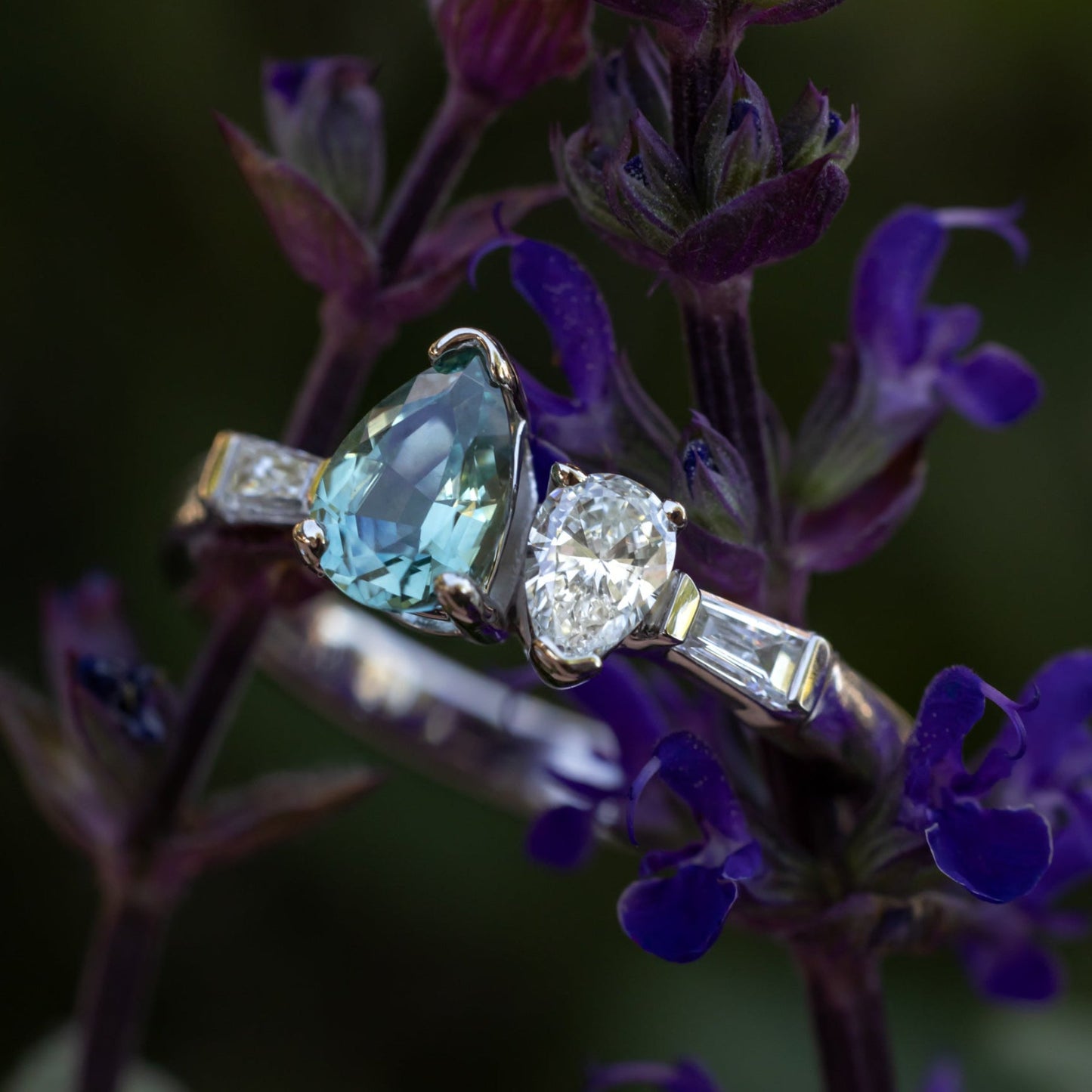 One-Of-A-Kind - "Juliette" - Toi Et Moi Pear Cut Natural Montana Sapphire Engagement Ring With Diamond Accents