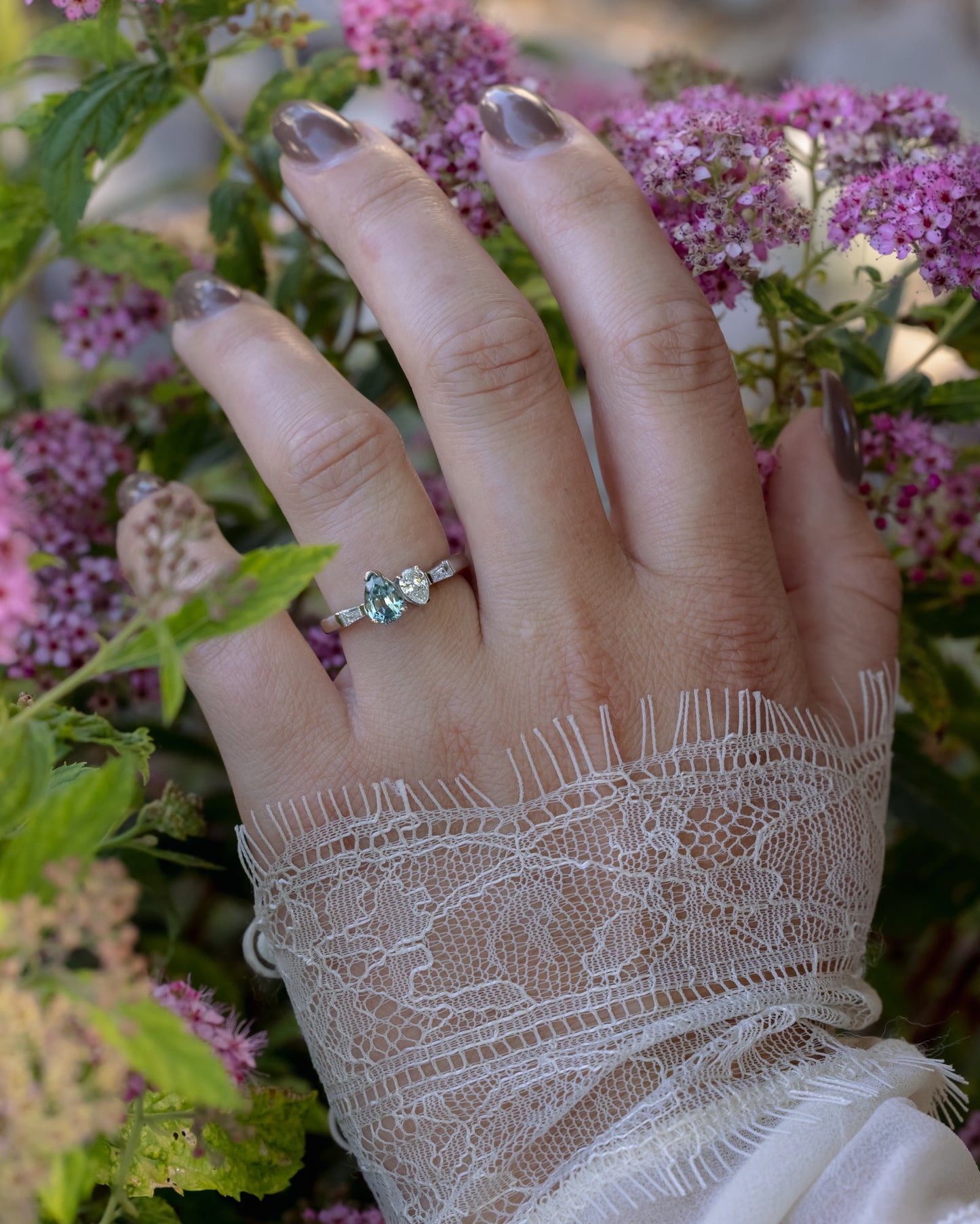 One-Of-A-Kind - "Juliette" - Toi Et Moi Pear Cut Natural Montana Sapphire Engagement Ring With Diamond Accents