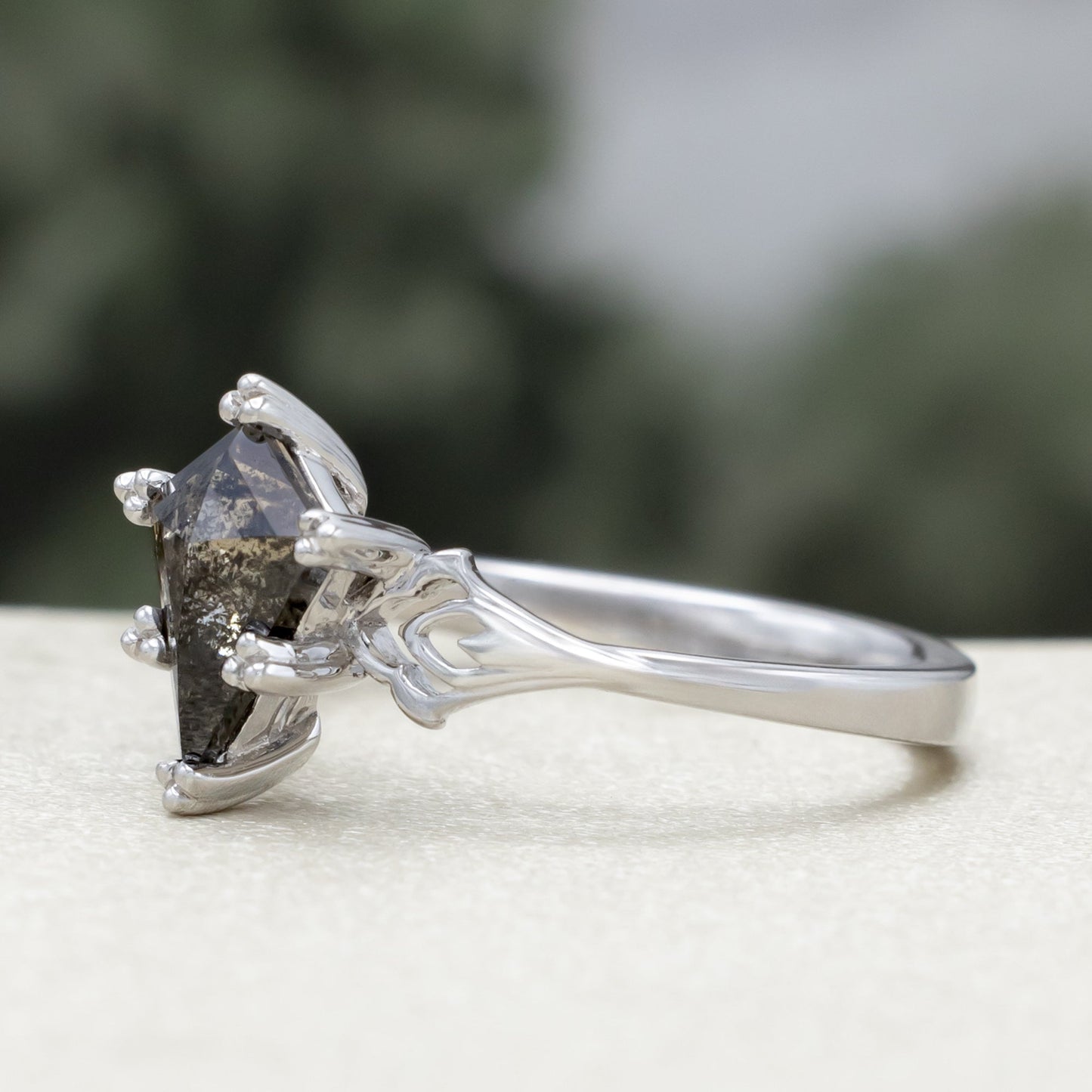 One-Of-A-Kind - "Morrigan" - Ornate Solitaire Engagement Ring With Kite Cut Salt & Pepper Diamond