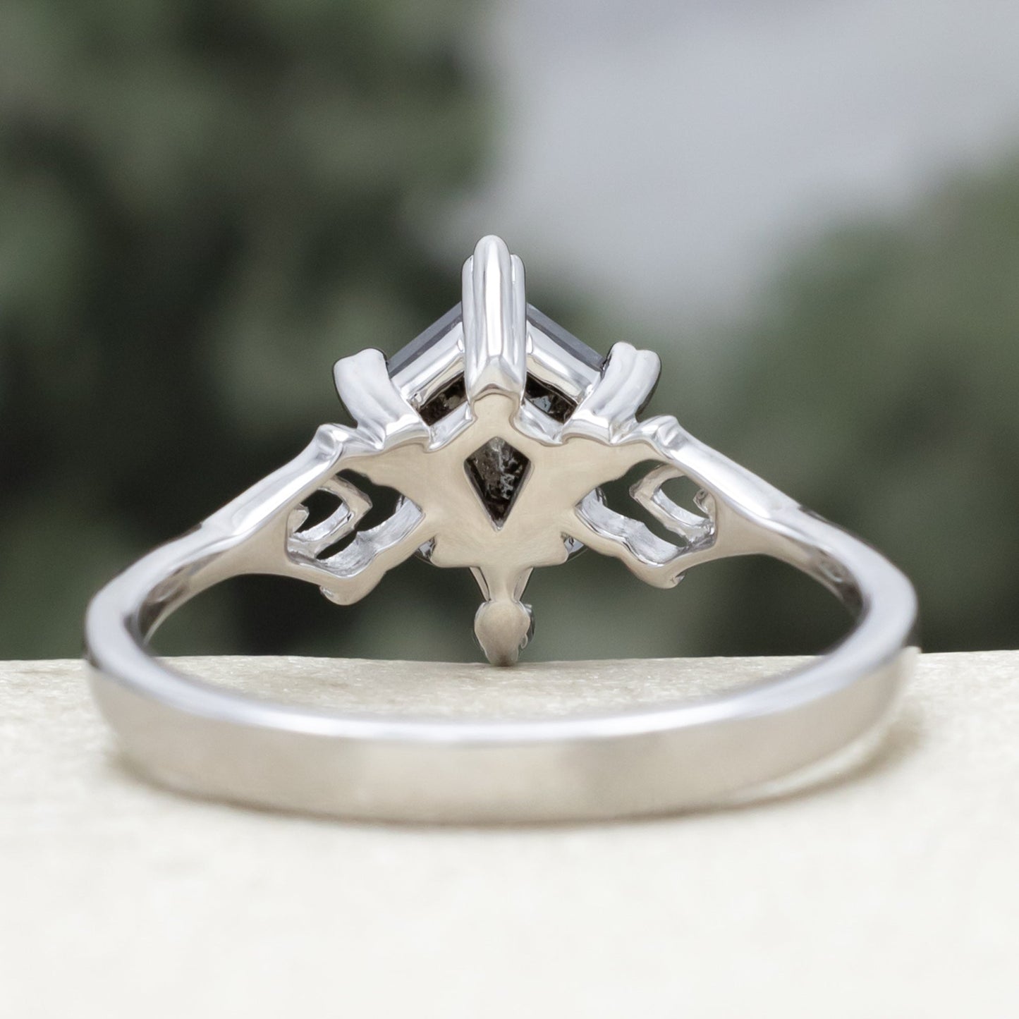 One-Of-A-Kind - "Morrigan" - Ornate Solitaire Engagement Ring With Kite Cut Salt & Pepper Diamond