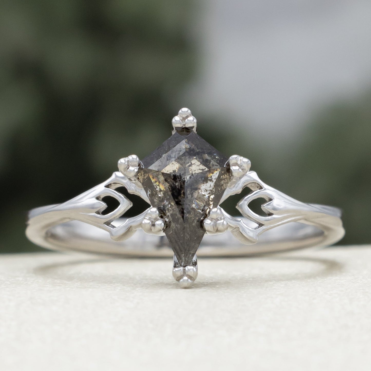 One-Of-A-Kind - "Morrigan" - Ornate Solitaire Engagement Ring With Kite Cut Salt & Pepper Diamond