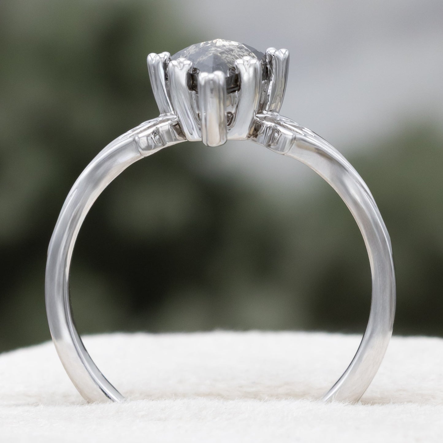 One-Of-A-Kind - "Morrigan" - Ornate Solitaire Engagement Ring With Kite Cut Salt & Pepper Diamond