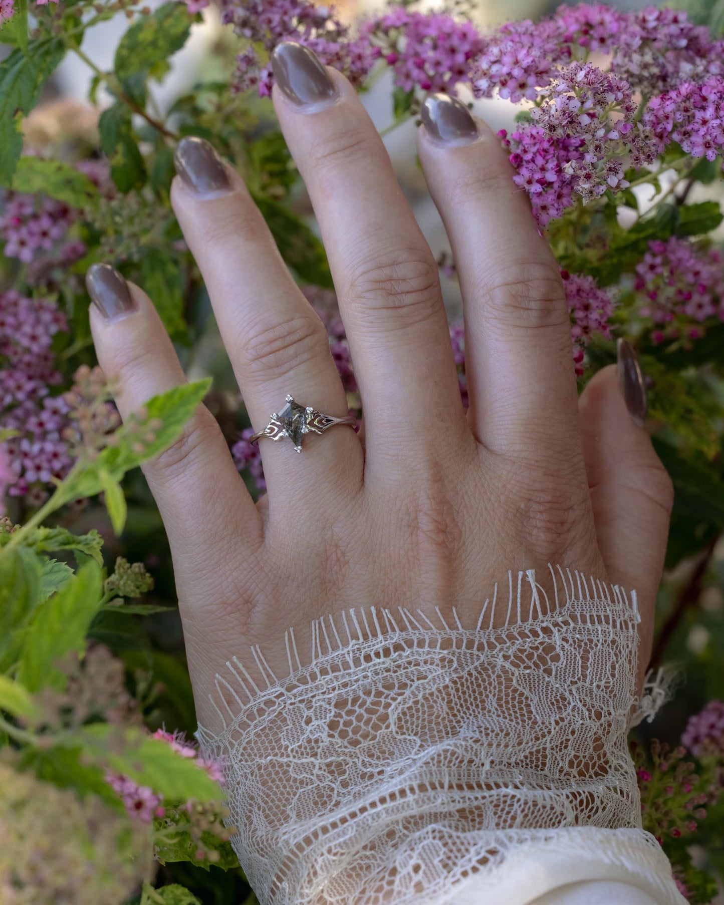 One-Of-A-Kind - "Morrigan" - Ornate Solitaire Engagement Ring With Kite Cut Salt & Pepper Diamond