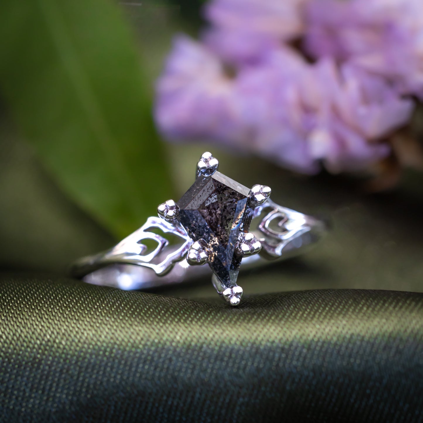 One-Of-A-Kind - "Morrigan" - Ornate Solitaire Engagement Ring With Kite Cut Salt & Pepper Diamond