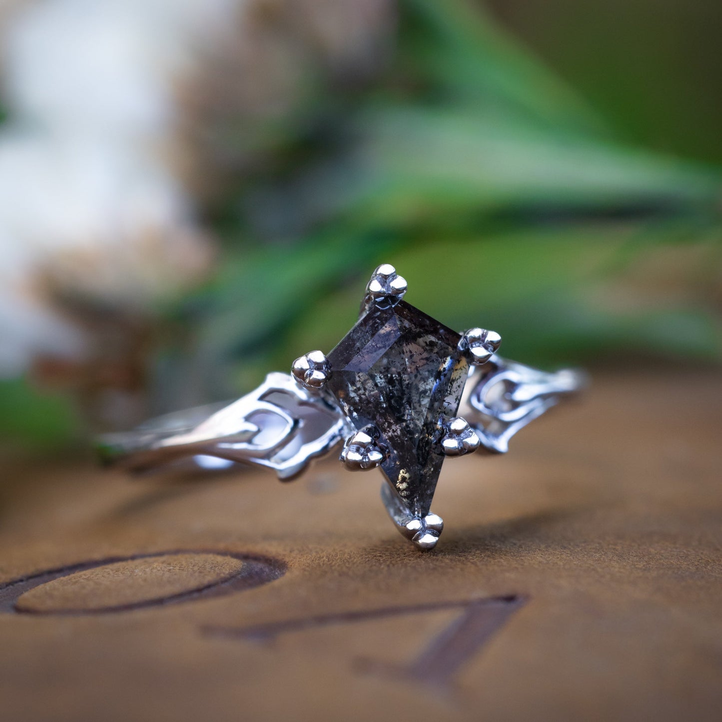 One-Of-A-Kind - "Morrigan" - Ornate Solitaire Engagement Ring With Kite Cut Salt & Pepper Diamond