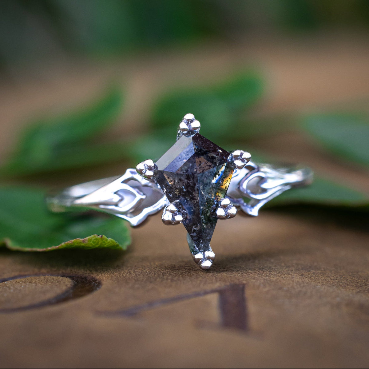 One-Of-A-Kind - "Morrigan" - Ornate Solitaire Engagement Ring With Kite Cut Salt & Pepper Diamond