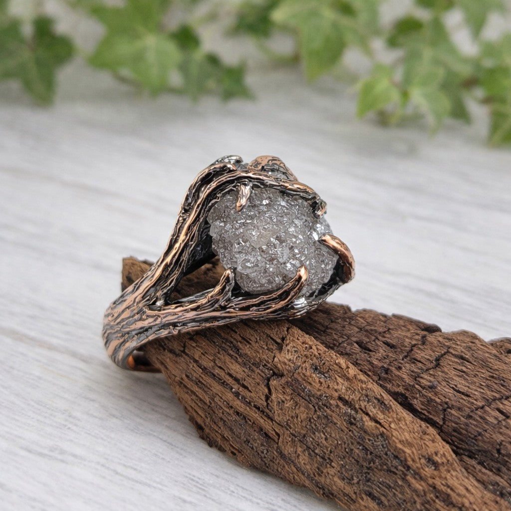 Raw Diamond Twig Engagement Ring - Handcrafted 14k Rose Gold Antique Finish