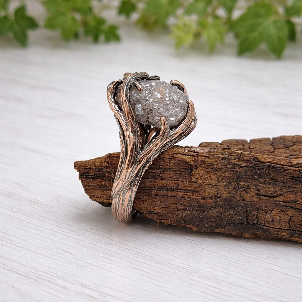 Raw Diamond Twig Engagement Ring - Handcrafted 14k Rose Gold Antique Finish