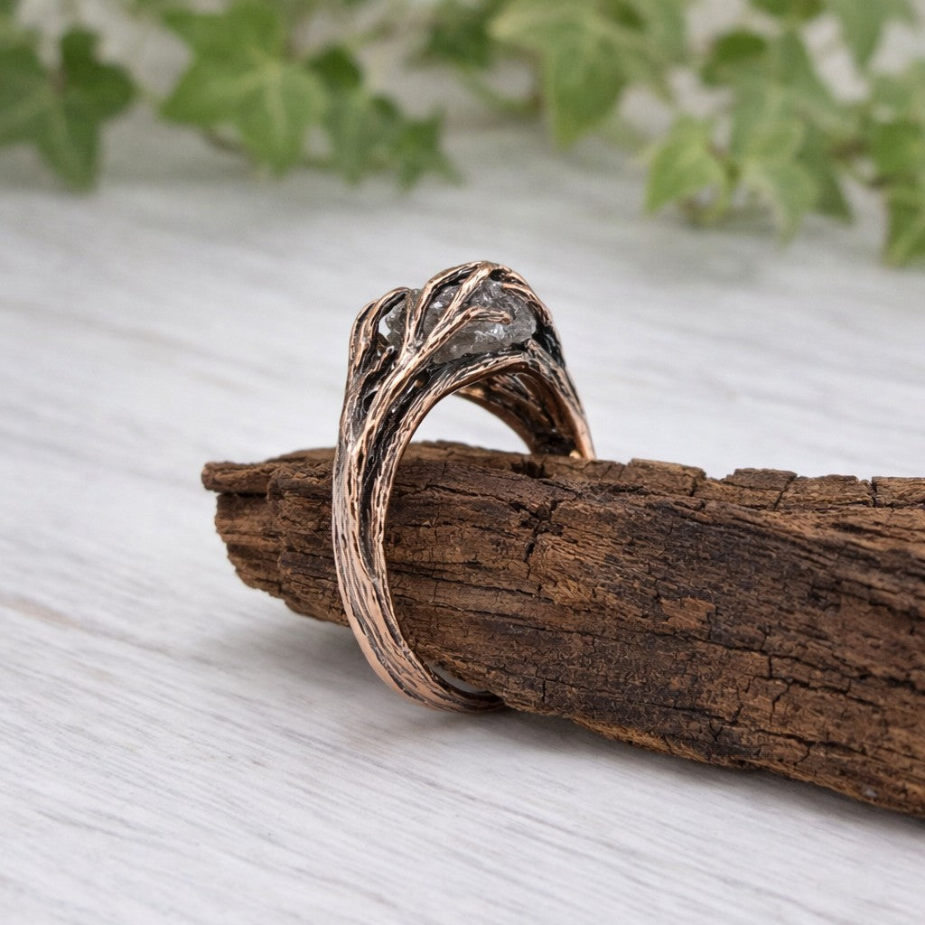 Raw Diamond Twig Engagement Ring - Handcrafted 14k Rose Gold Antique Finish