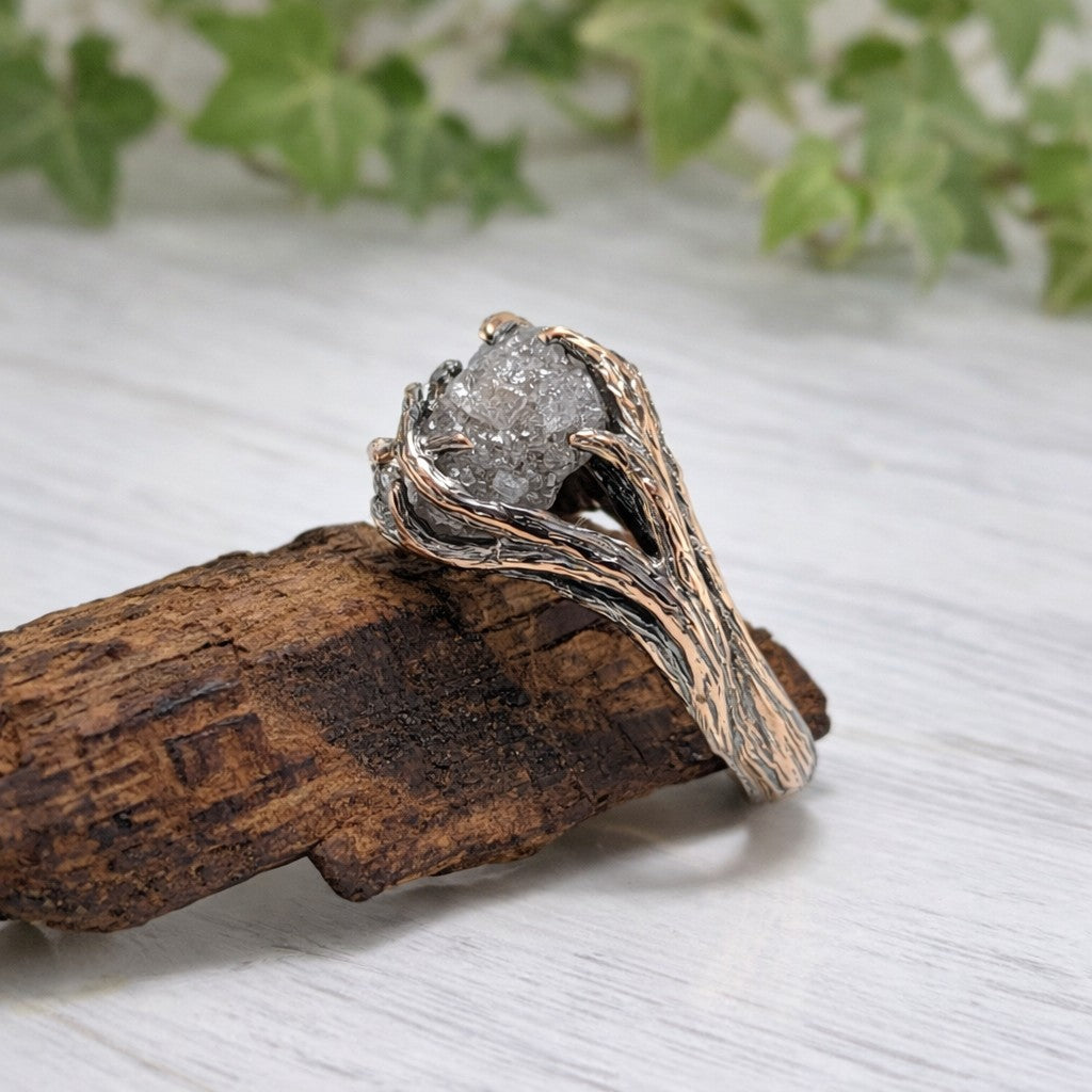 Raw Diamond Twig Engagement Ring - Handcrafted 14k Rose Gold Antique Finish