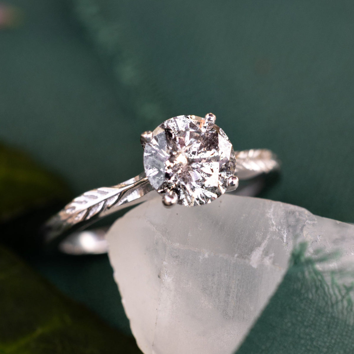 "Hope" - Round Cut Salt & Pepper Diamond Solitaire Engagement Ring With Feather Accents