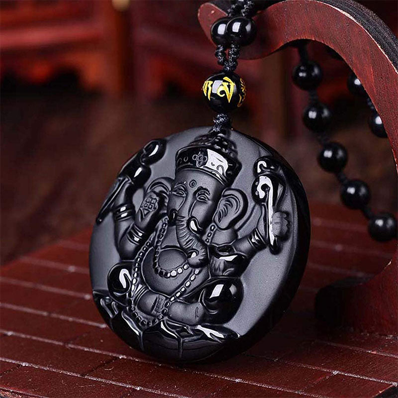 Obsidian Ganesha Success Necklace
