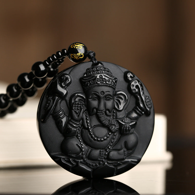 Obsidian Ganesha Success Necklace