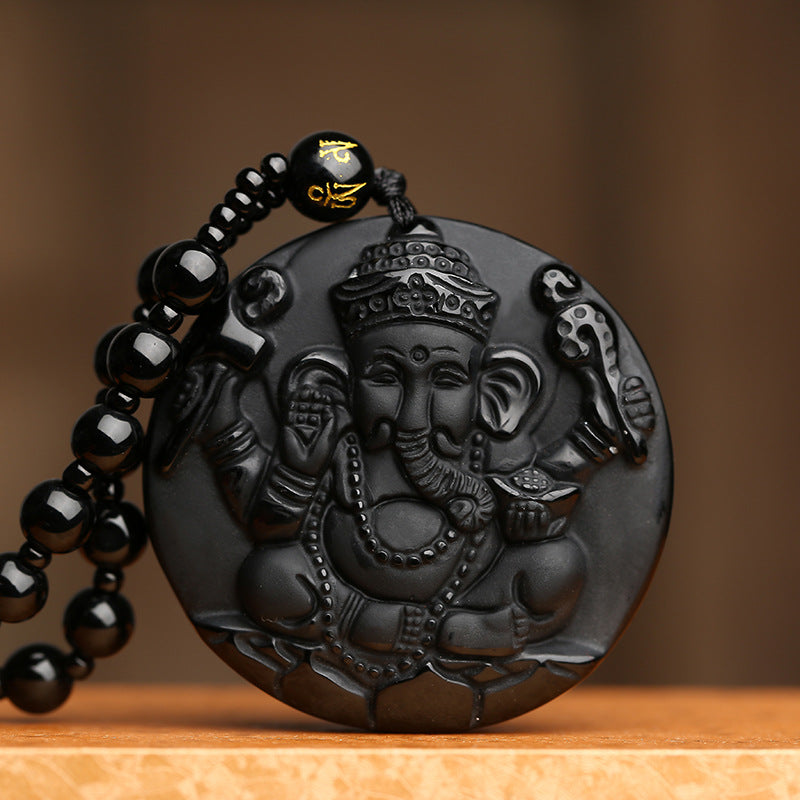 Obsidian Ganesha Success Necklace