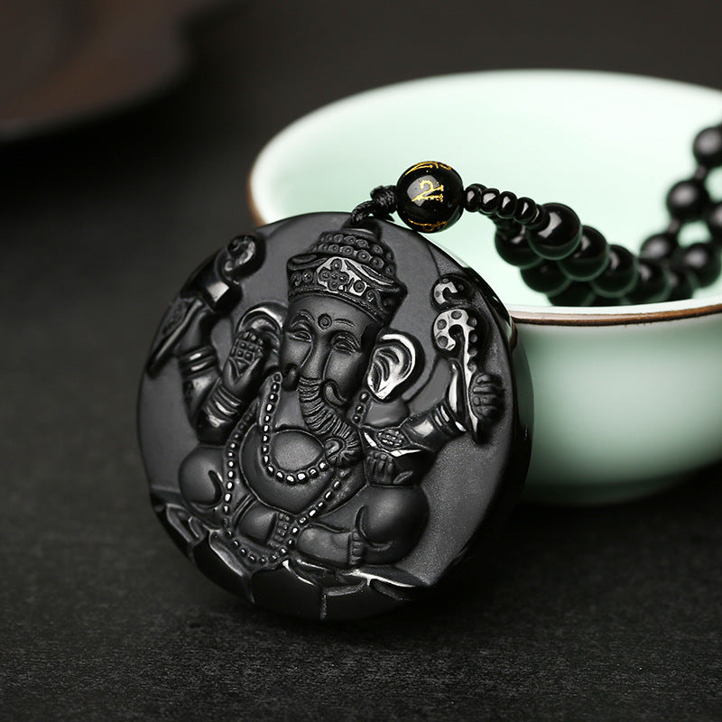Obsidian Ganesha Success Necklace