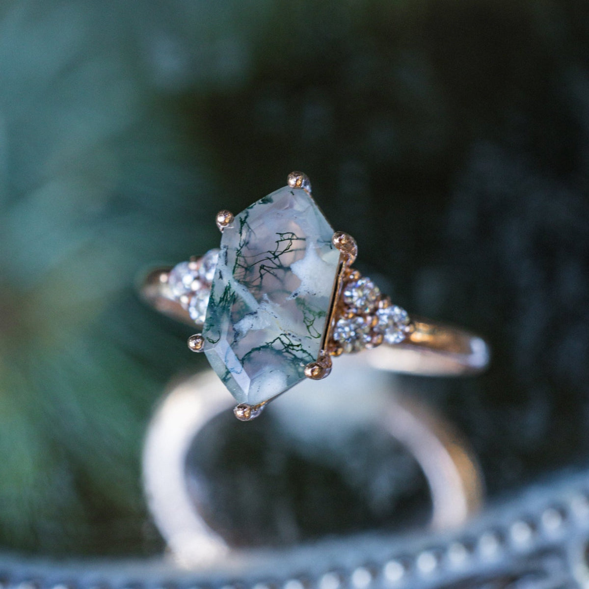 "Octavia" - Elongated Hexagon Cut Moss Agate Engagement Ring With Diamond Accents - 14K Rose Gold - Size 7 1/4