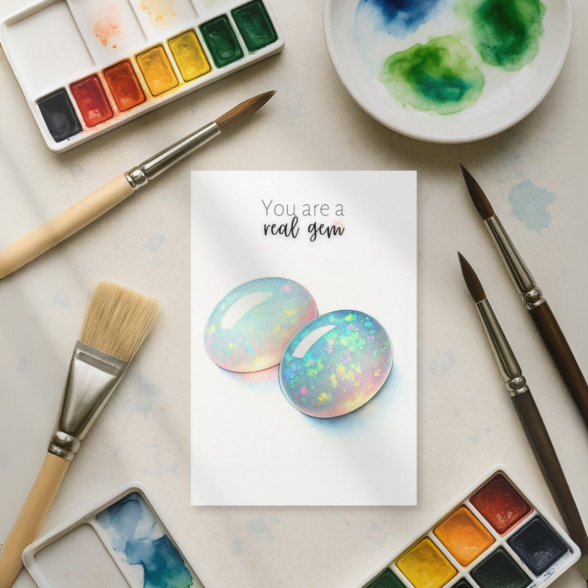 You are a real Gem | Watercolor Oval Opal Cab Folded Card