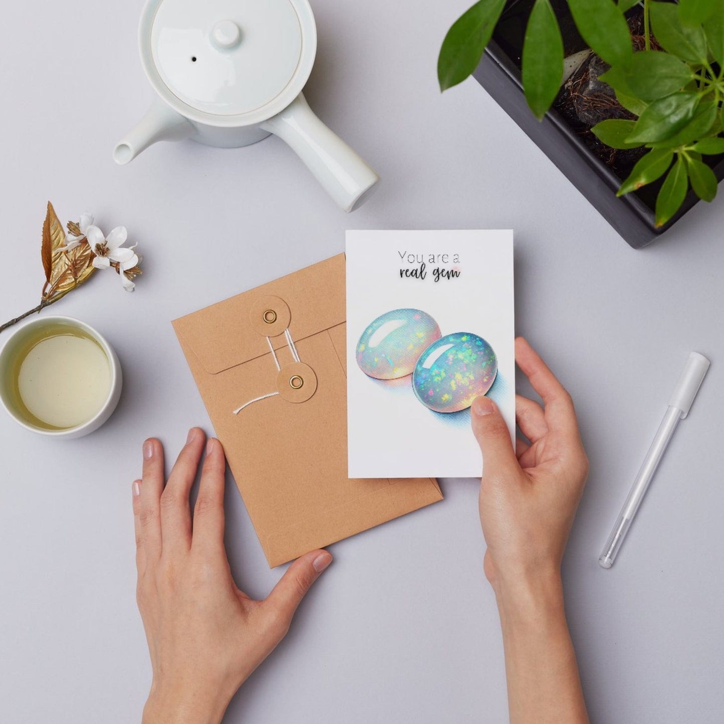 You are a real Gem | Watercolor Oval Opal Cab Folded Card