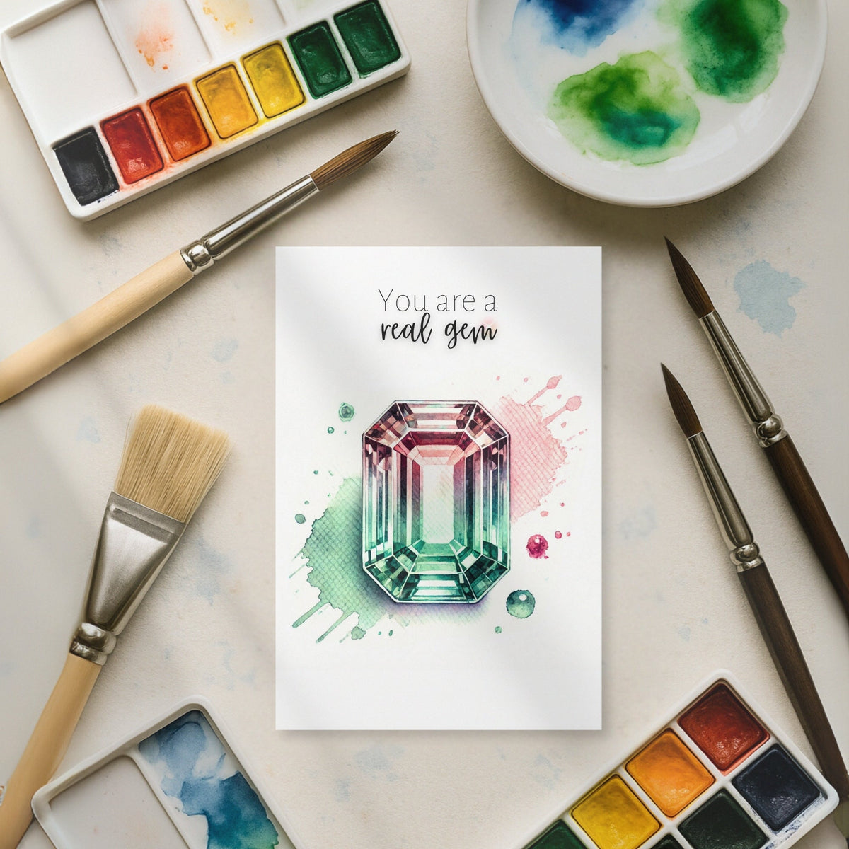 You are a real Gem | Watercolor Emerald-cut Bi-color Tourmaline Folded Card
