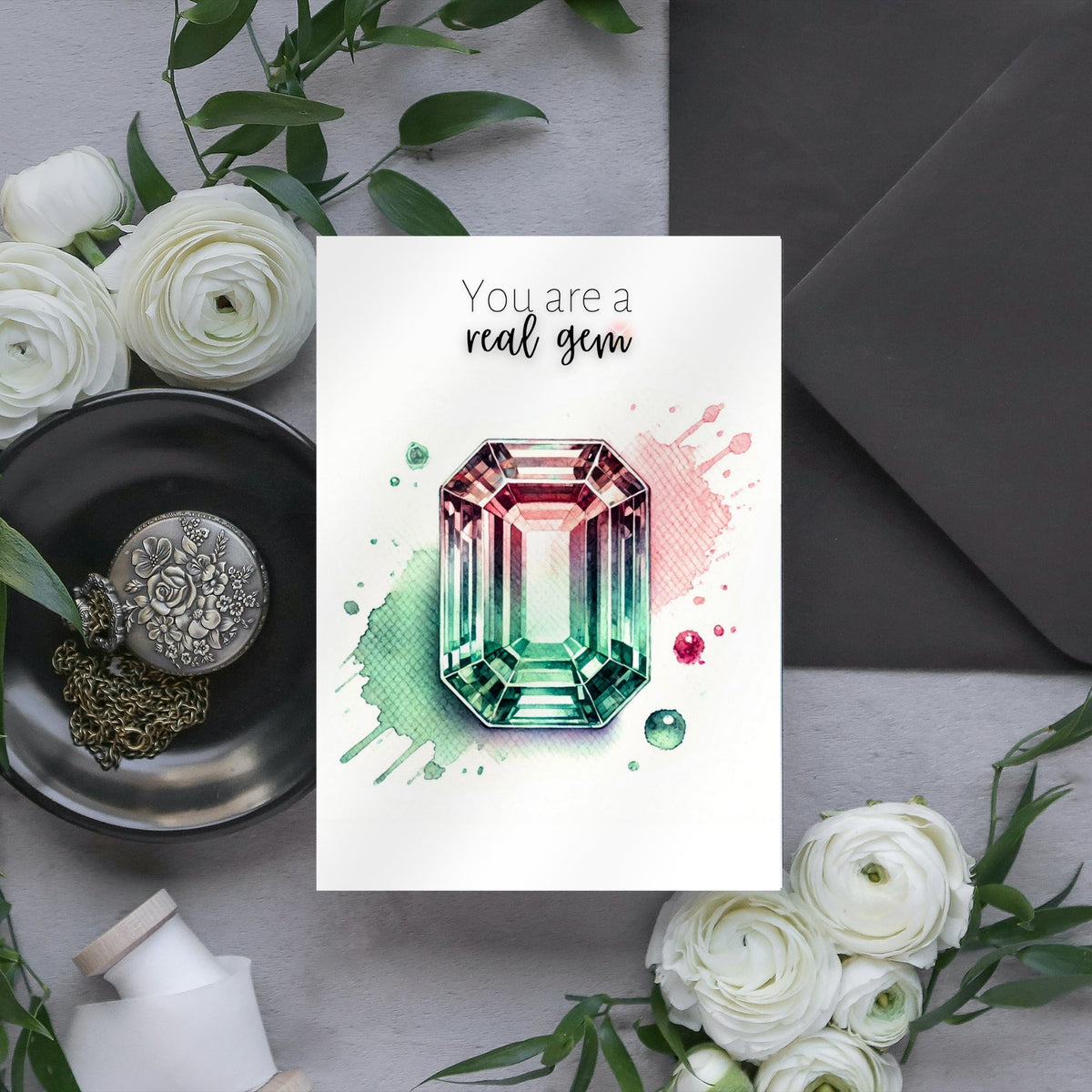 You are a real Gem | Watercolor Emerald-cut Bi-color Tourmaline Folded Card