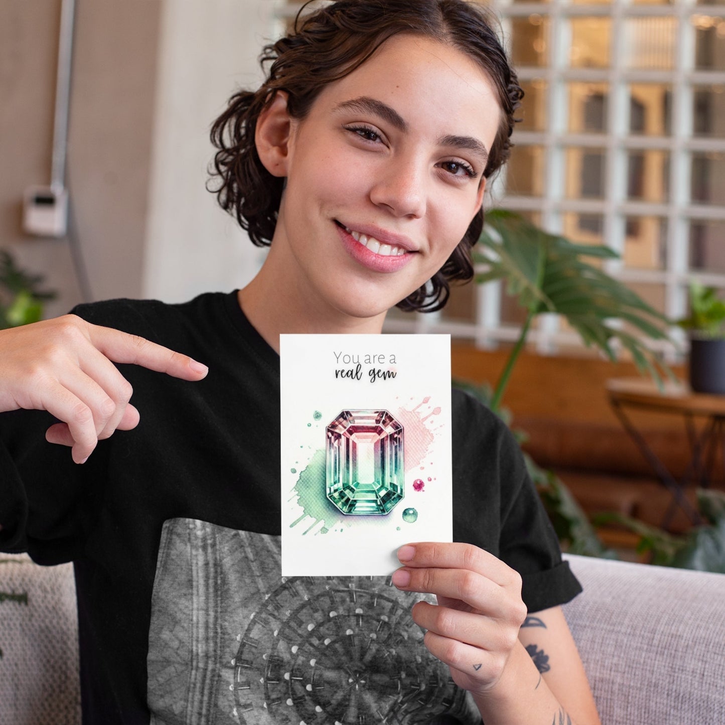 You are a real Gem | Watercolor Emerald-cut Bi-color Tourmaline Folded Card